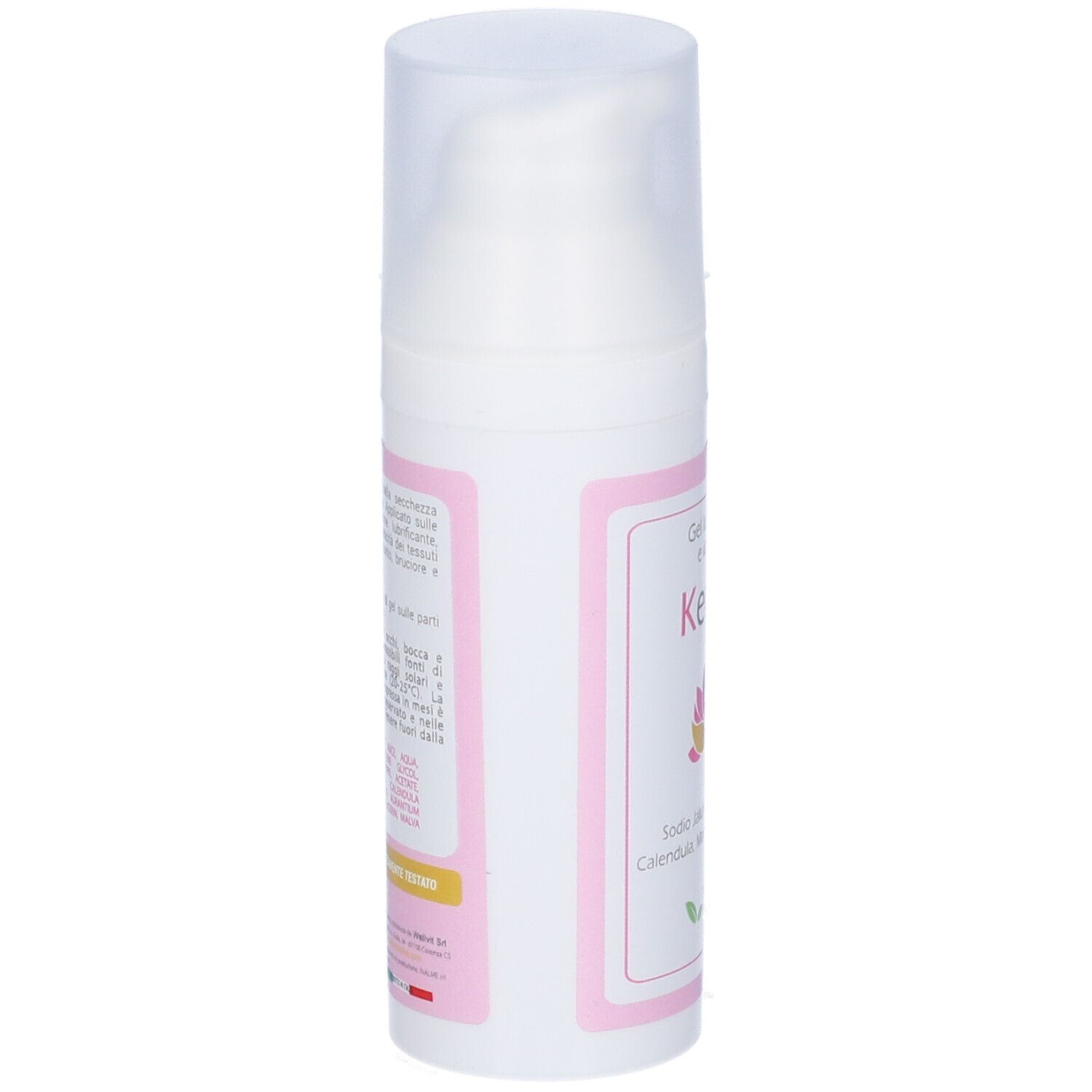 Flacone bianco con dosatore a pompa. Retro con testo. Nome prodotto Kendra, con ingredienti come acido ialuronico e aloe vera.