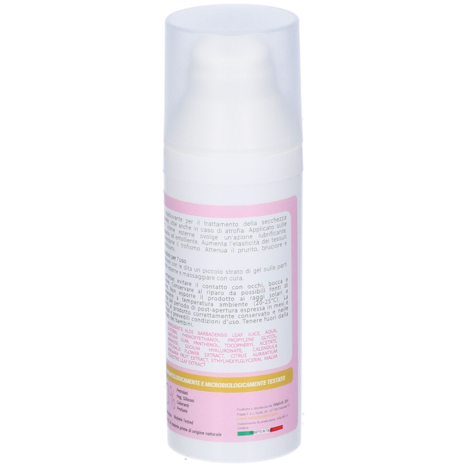 Flacone bianco con dosatore a pompa. Retro con testo. Nome prodotto Kendra, con ingredienti come acido ialuronico e aloe vera.