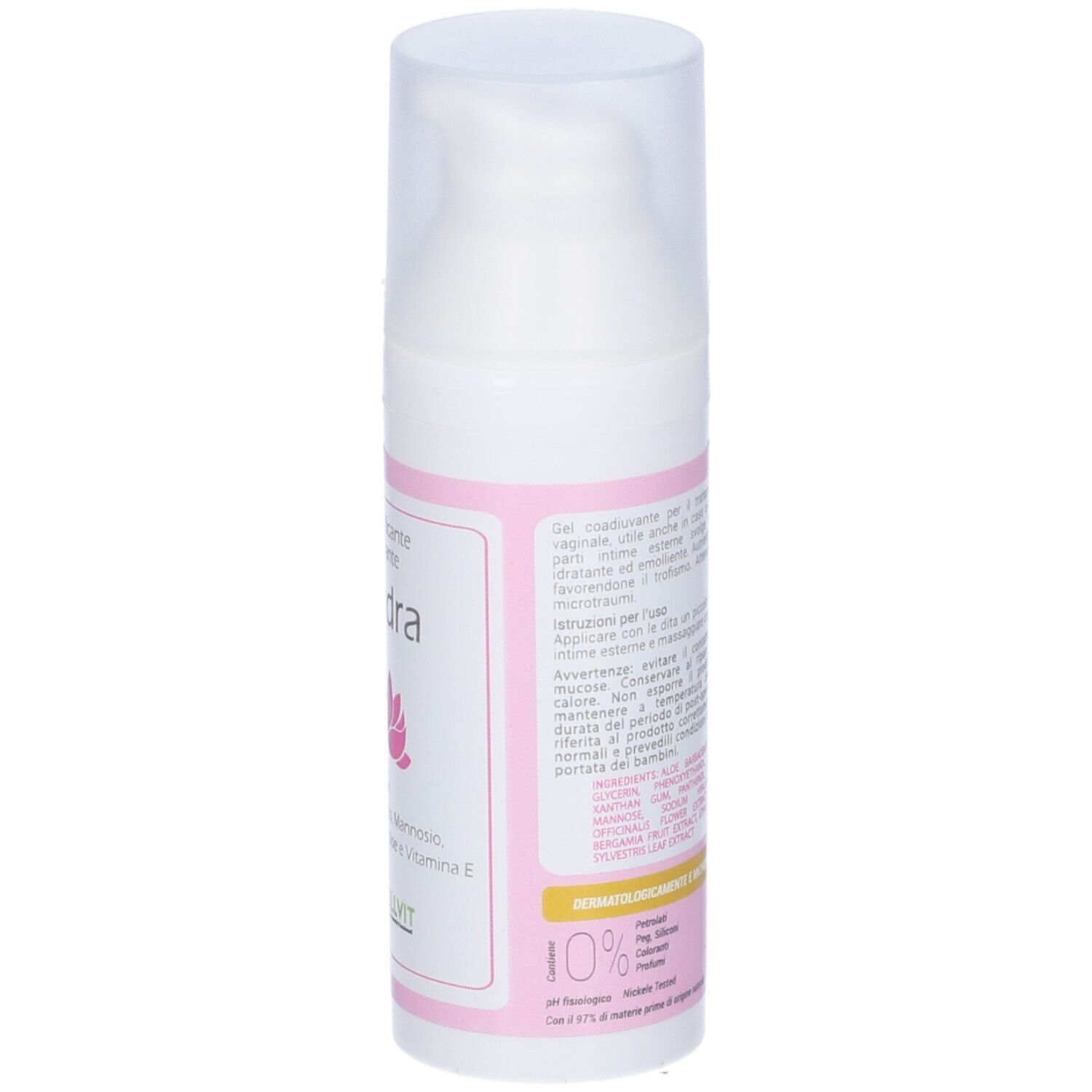 Flacone bianco con dosatore a pompa. Retro con testo. Nome prodotto Kendra, con ingredienti come acido ialuronico e aloe vera.