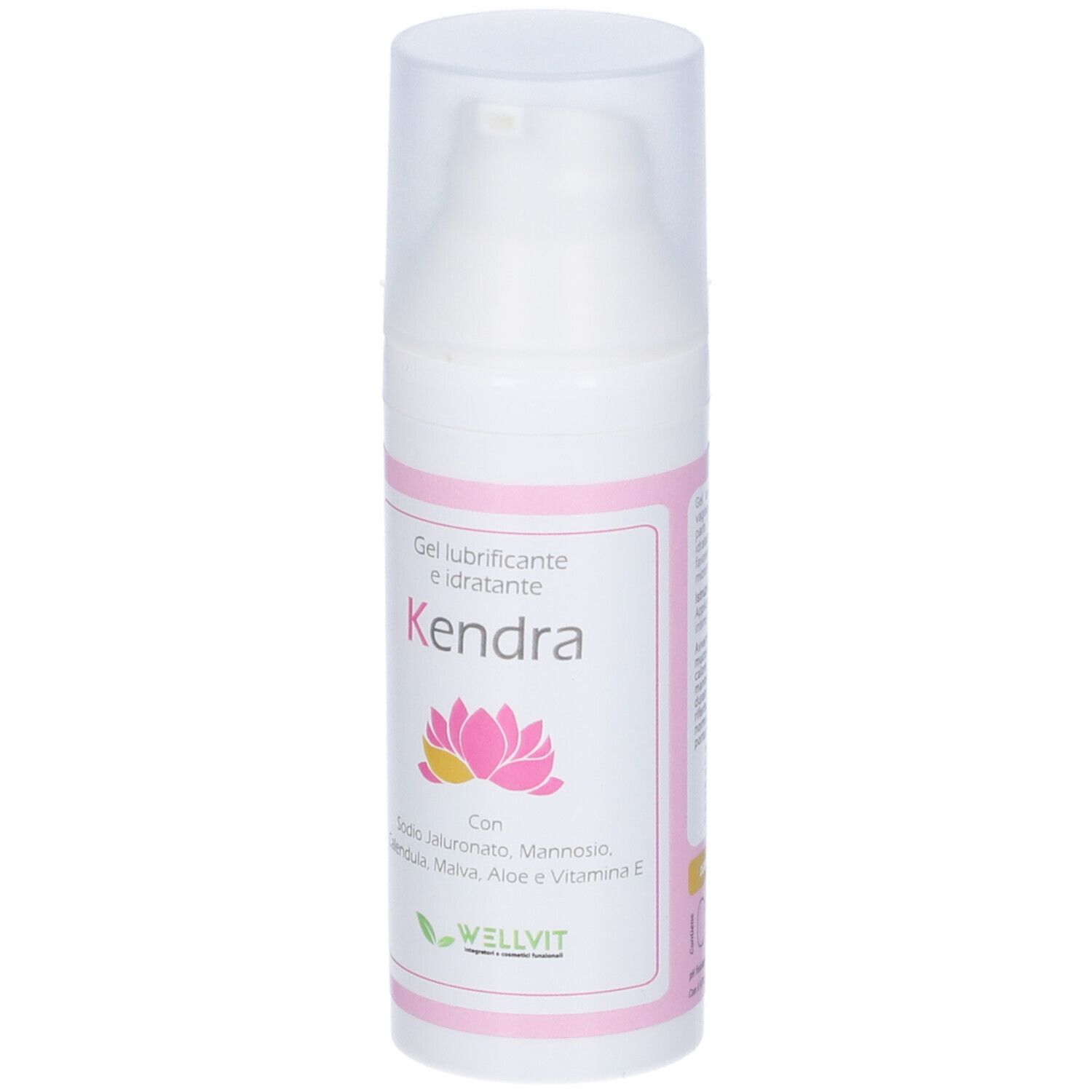 Flacone bianco con dosatore a pompa. Nome prodotto Kendra, con ingredienti come acido ialuronico e aloe vera. Marchio Wellvit.