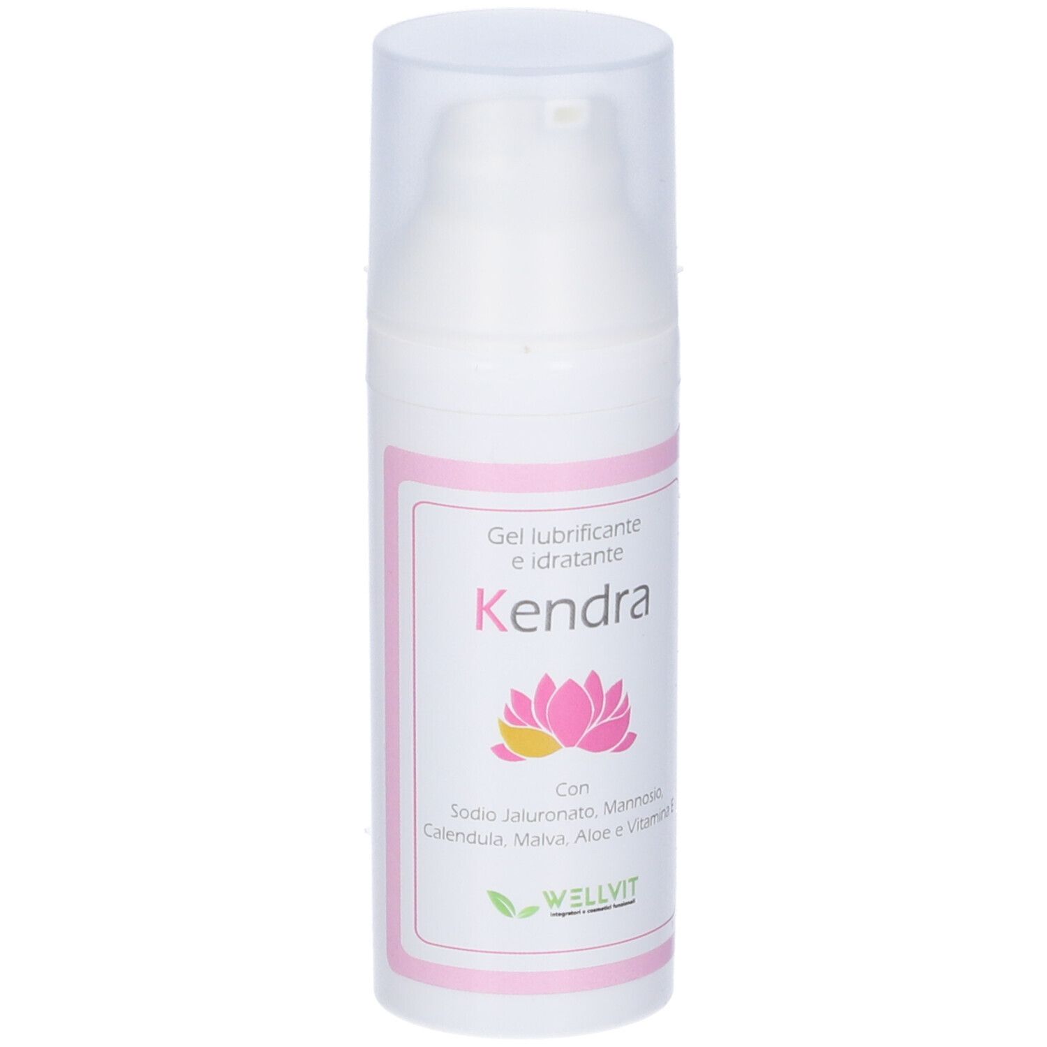 Flacone bianco con dosatore a pompa. Nome prodotto Kendra, con ingredienti come acido ialuronico e aloe vera. Marchio Wellvit.