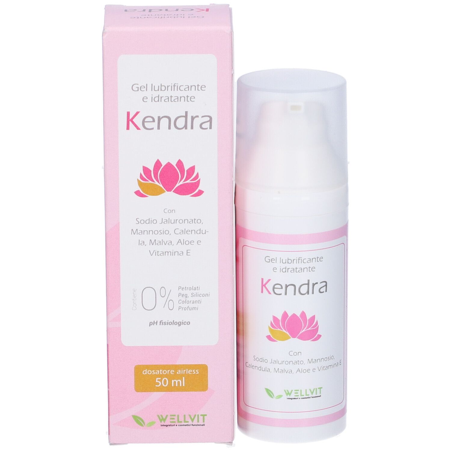 Prodotto e confezione. Flacone bianco con dosatore a pompa e confezione rosa. Nome prodotto Kendra. Marchio Wellvit.
