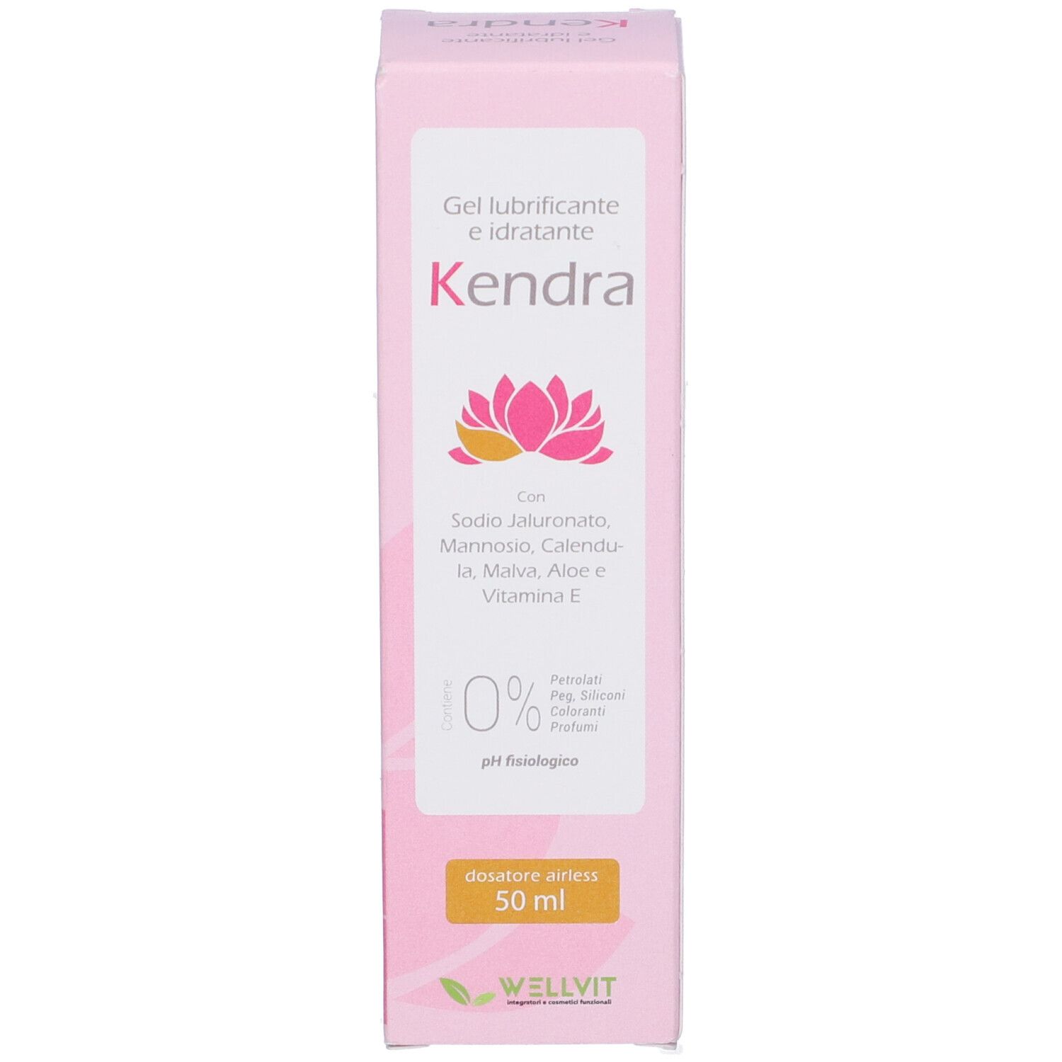 Confezione rosa con Kendra. Contiene acido ialuronico, malva e aloe vera. Marchio Wellvit.