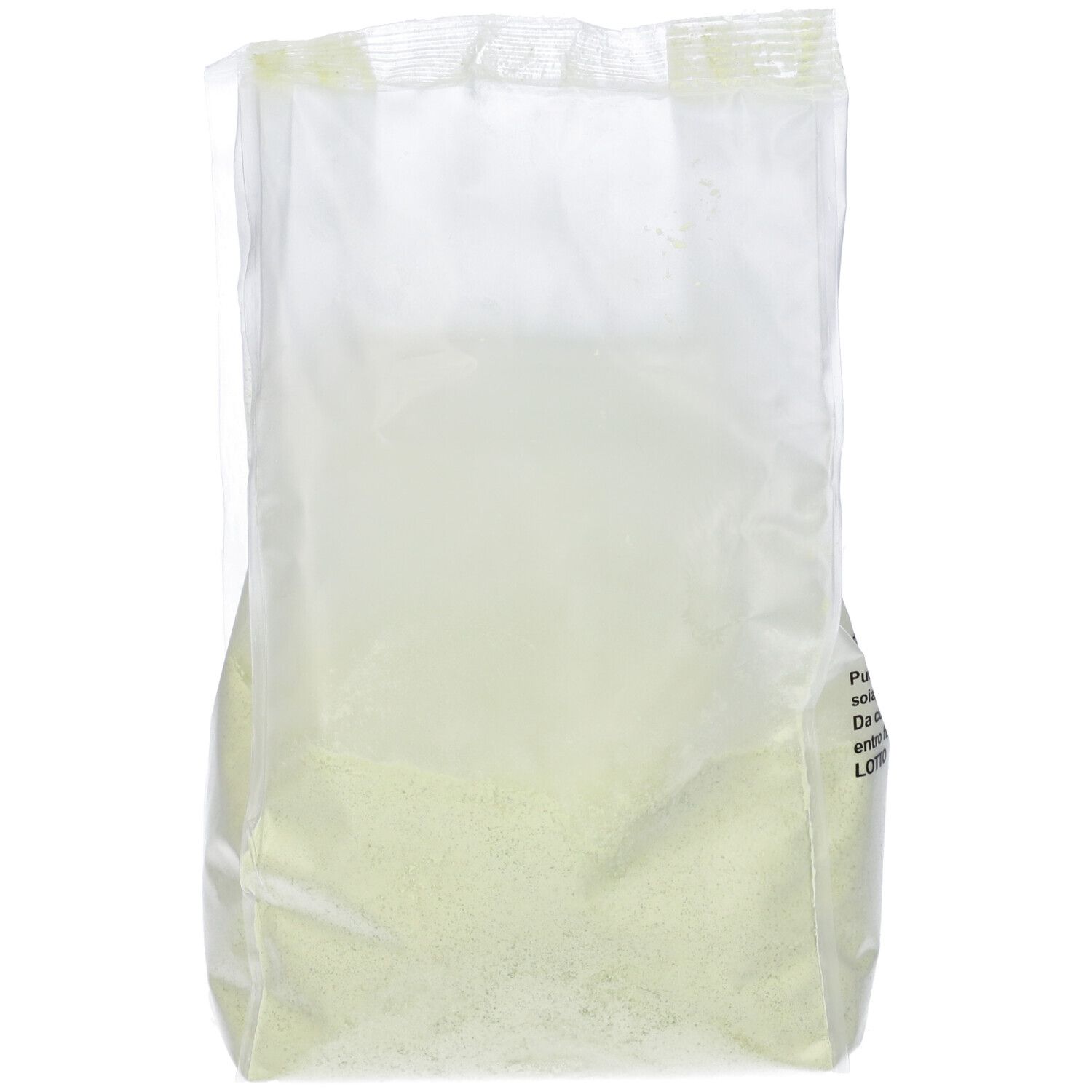 Confezione trasparente in plastica, riempita con polvere verdastra. Testo sulla confezione.
