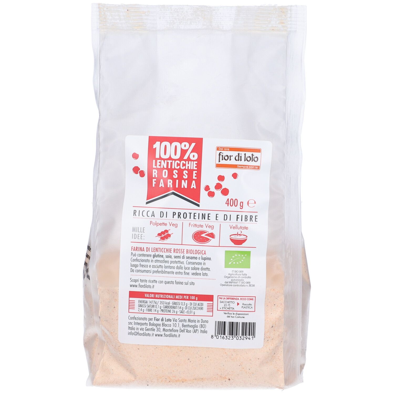 Busta trasparente con etichetta rossa. Scritta: 100% Lenticchie Rosse Farina, Fior di Loto. Contiene 400g. Vegano, ricco di proteine e fibre.
