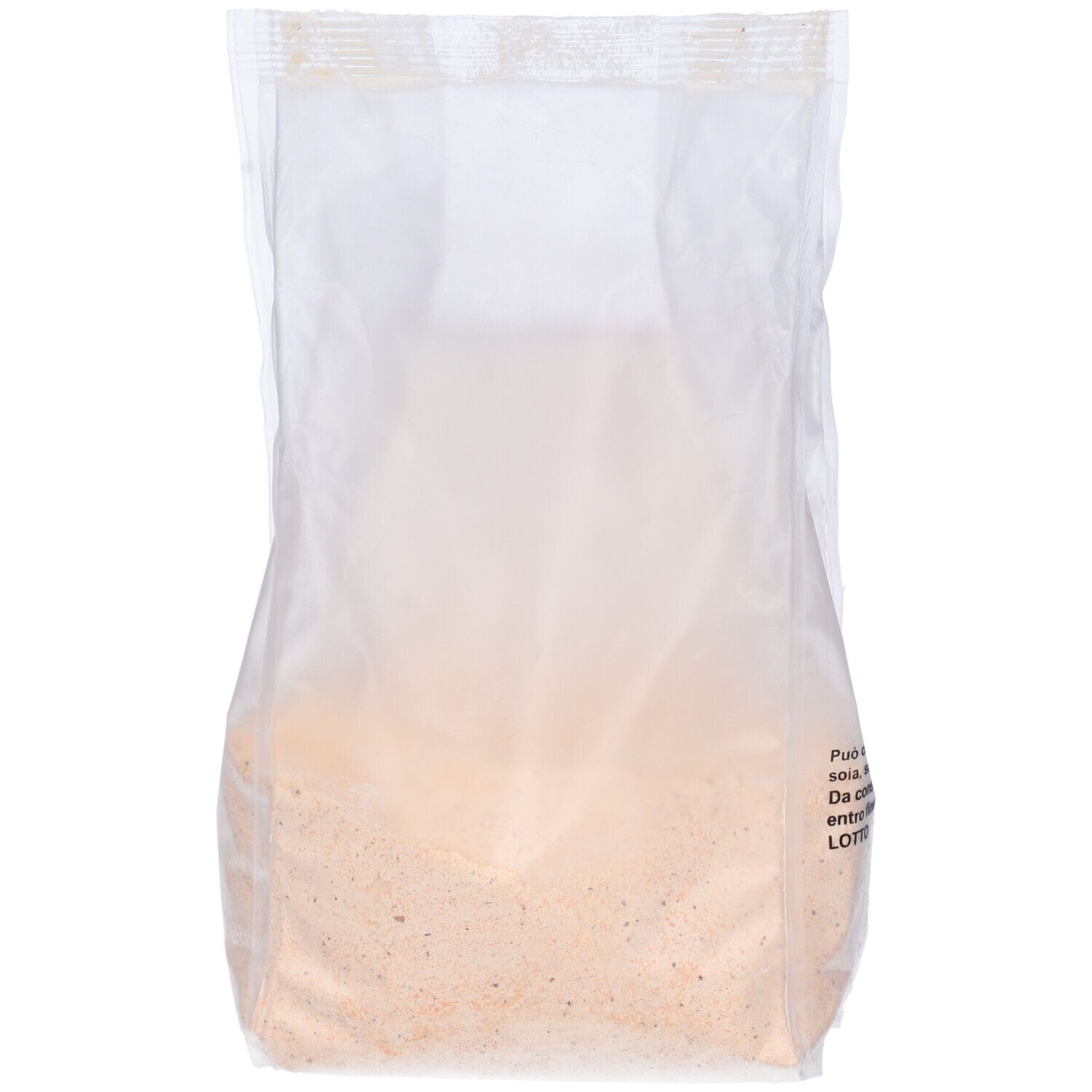 Busta trasparente con contenuto. Testo sul retro. Contiene farina. Scritta: Fior di Loto. Vegano.
