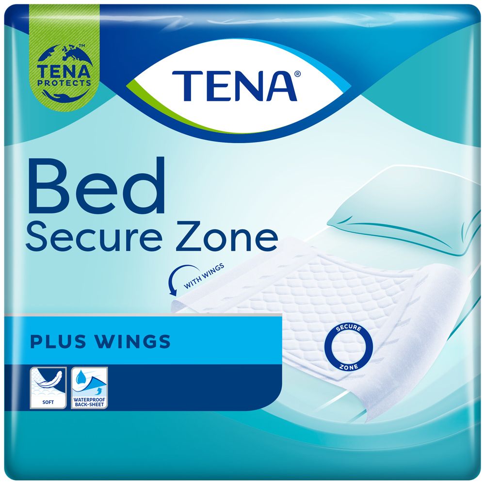 Confezione Tena® Bed Secure Zone. Confezione blu con nome e logo del prodotto. Immagine di una protezione per letto.