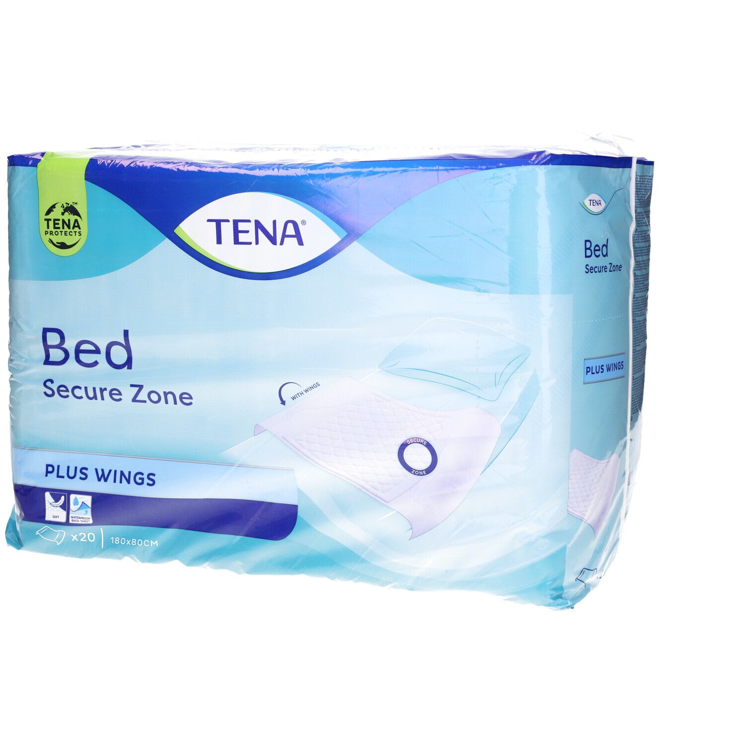 Confezione Tena® Bed Secure Zone. Confezione blu in plastica. Nome e logo del prodotto visibili. Contiene protezioni per letto.