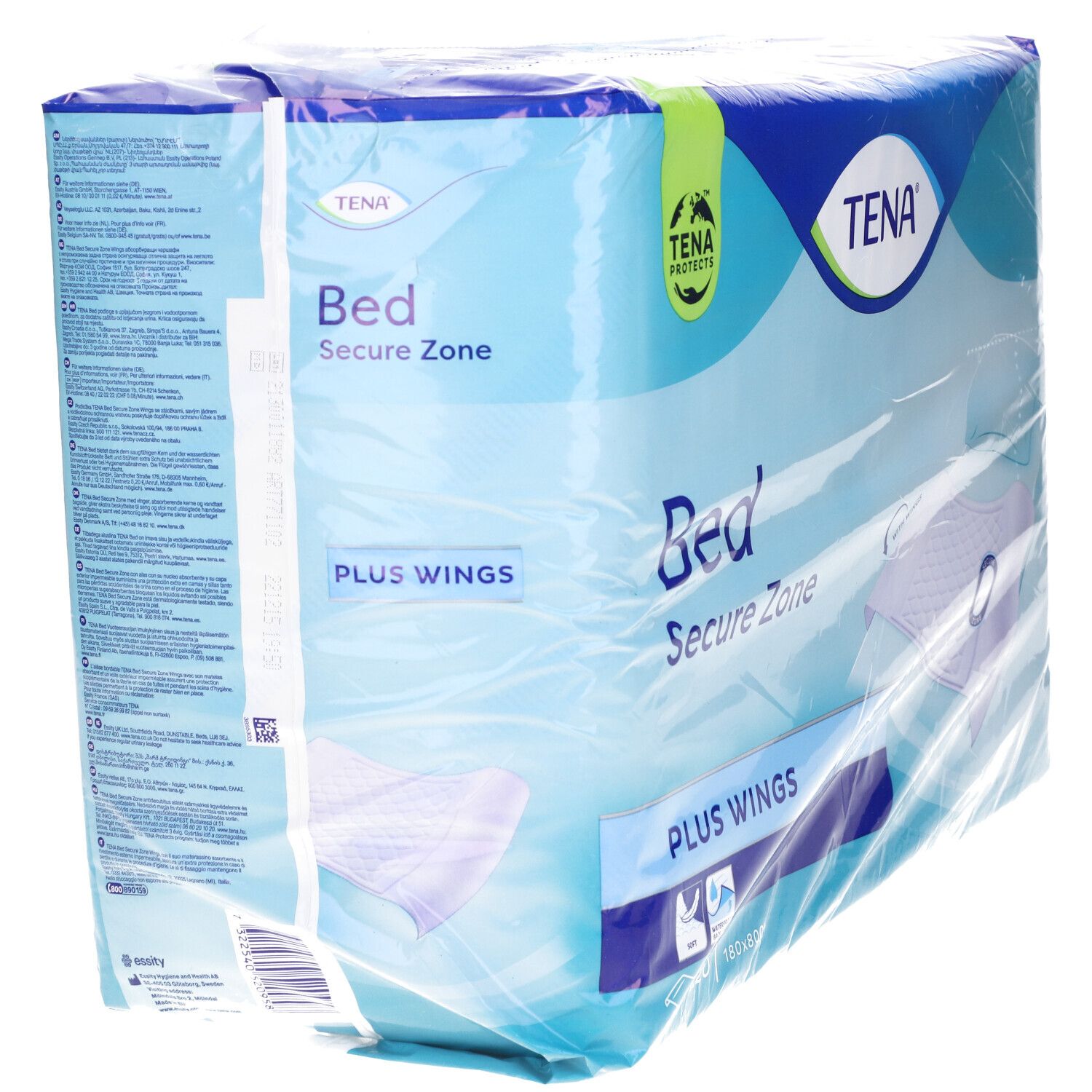 Confezione Tena® Bed Secure Zone. Confezione blu in plastica. Nome e logo del prodotto visibili. Contiene protezioni per letto.