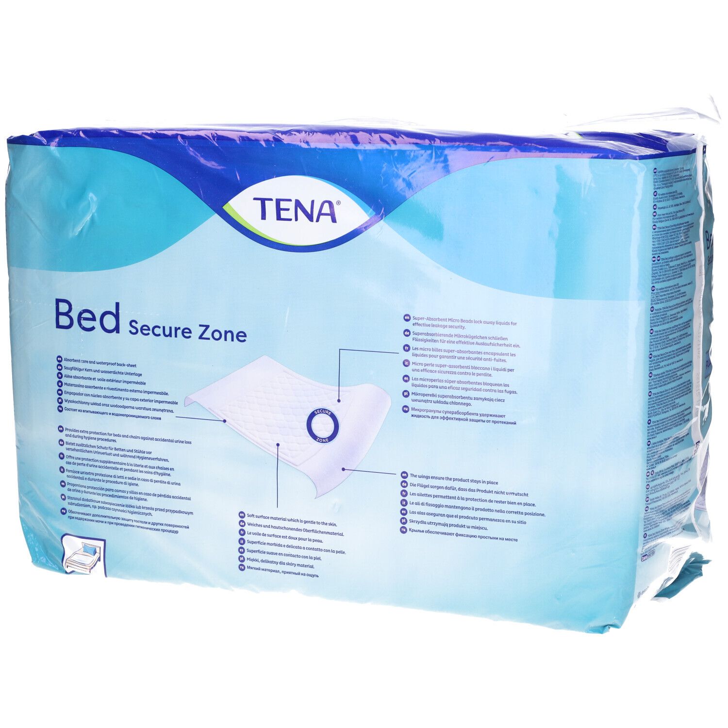 Confezione Tena® Bed Secure Zone. Confezione blu in plastica. Nome e logo del prodotto visibili. Contiene protezioni per letto.