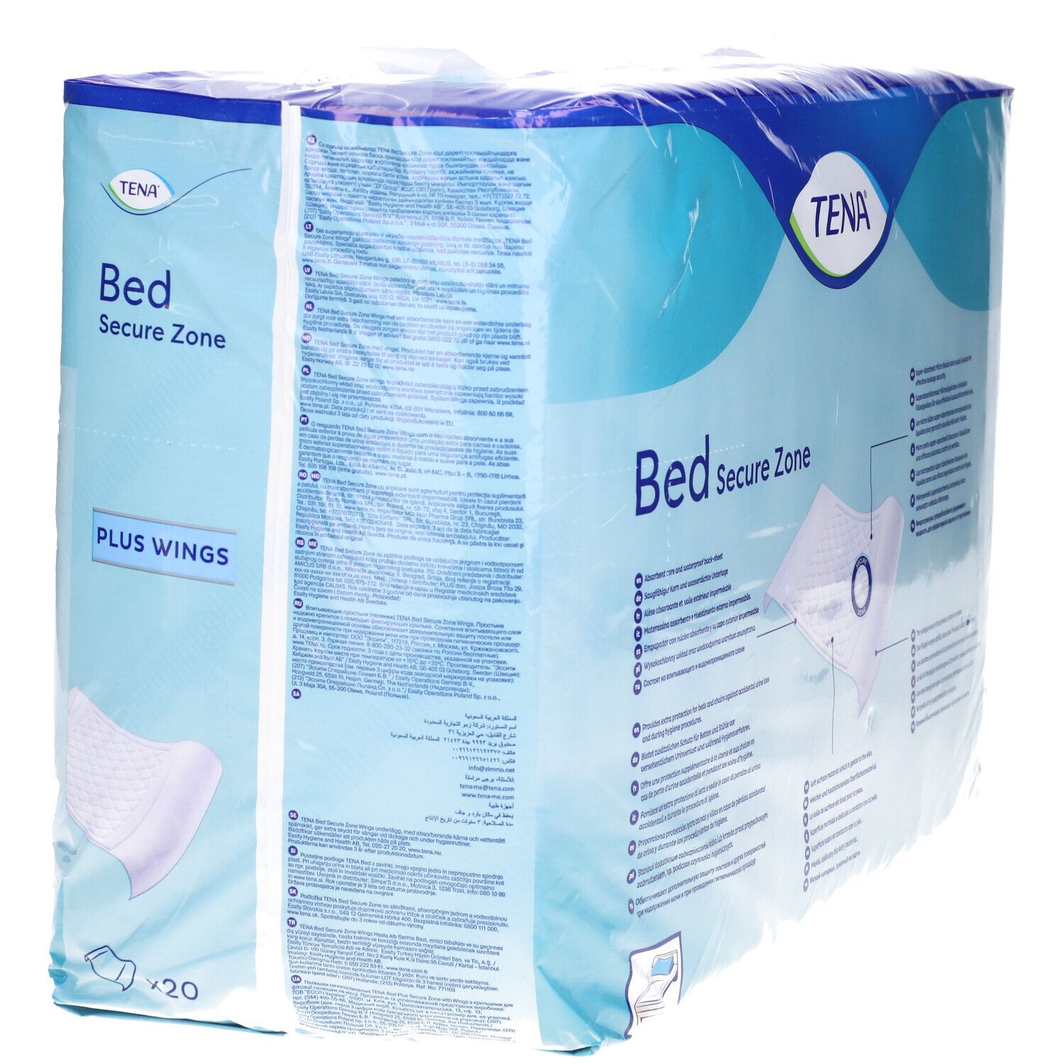 Confezione Tena® Bed Secure Zone. Confezione blu in plastica. Nome e logo del prodotto visibili. Contiene protezioni per letto.