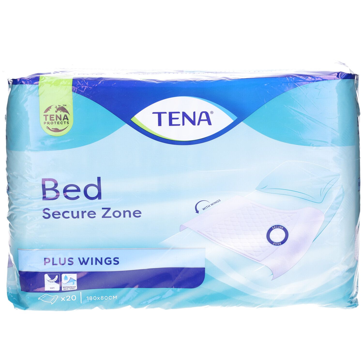 Confezione Tena® Bed Secure Zone. Confezione blu con nome e logo del prodotto. Contiene protezioni per letto. Confezione da 20.