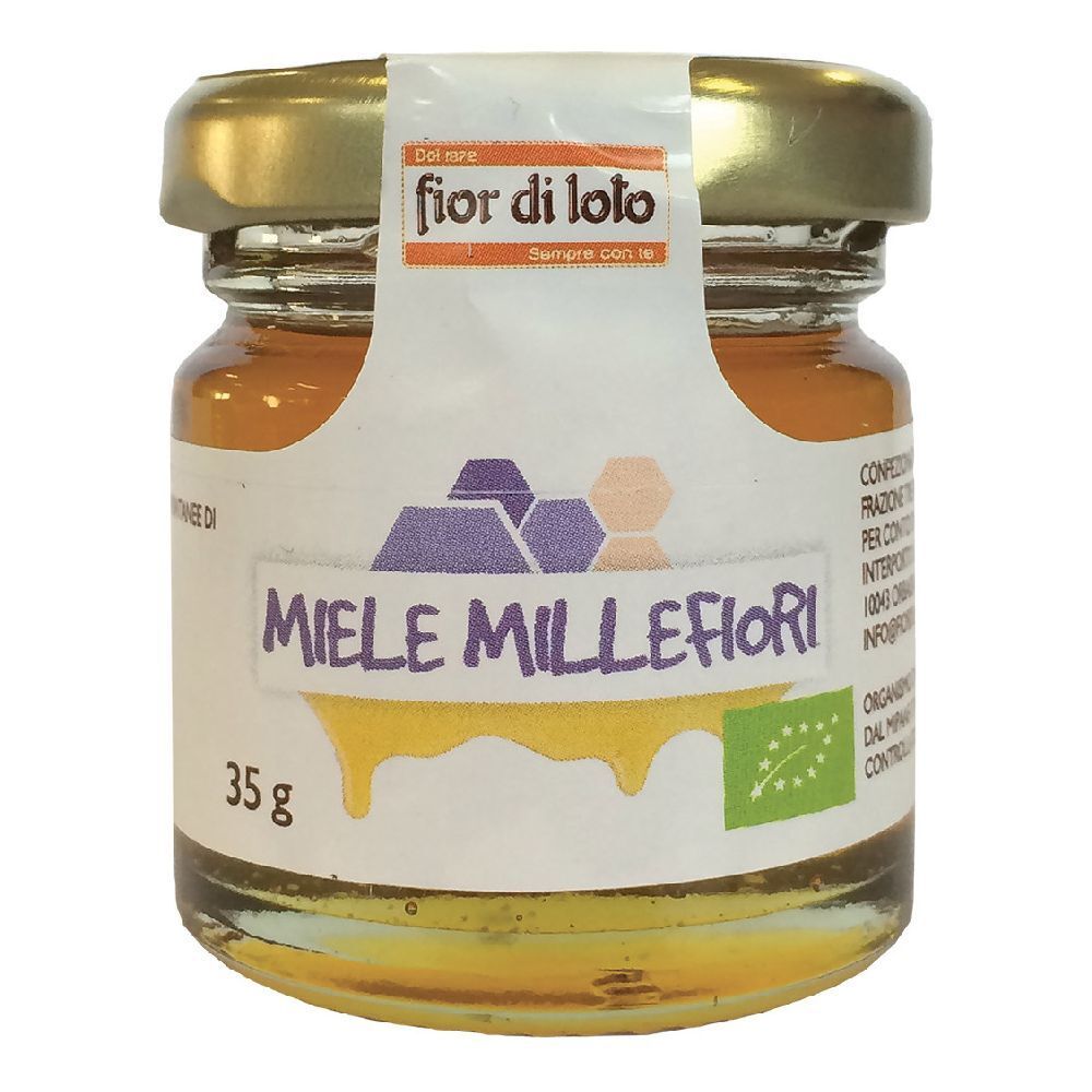 Vasetto di miele. Etichetta con 'fior di loto' e 'Miele Millefiori'. Sigillo biologico. 35g.