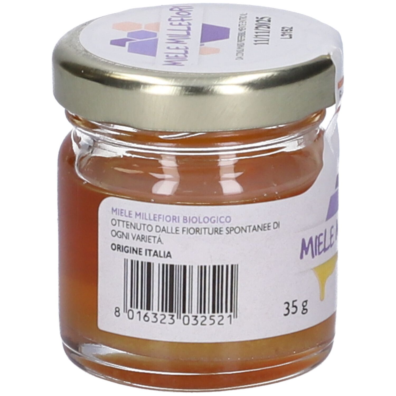 Vasetto di miele. Etichetta con 'Miele Millefiori'. Codice a barre e origine Italia. 35g.