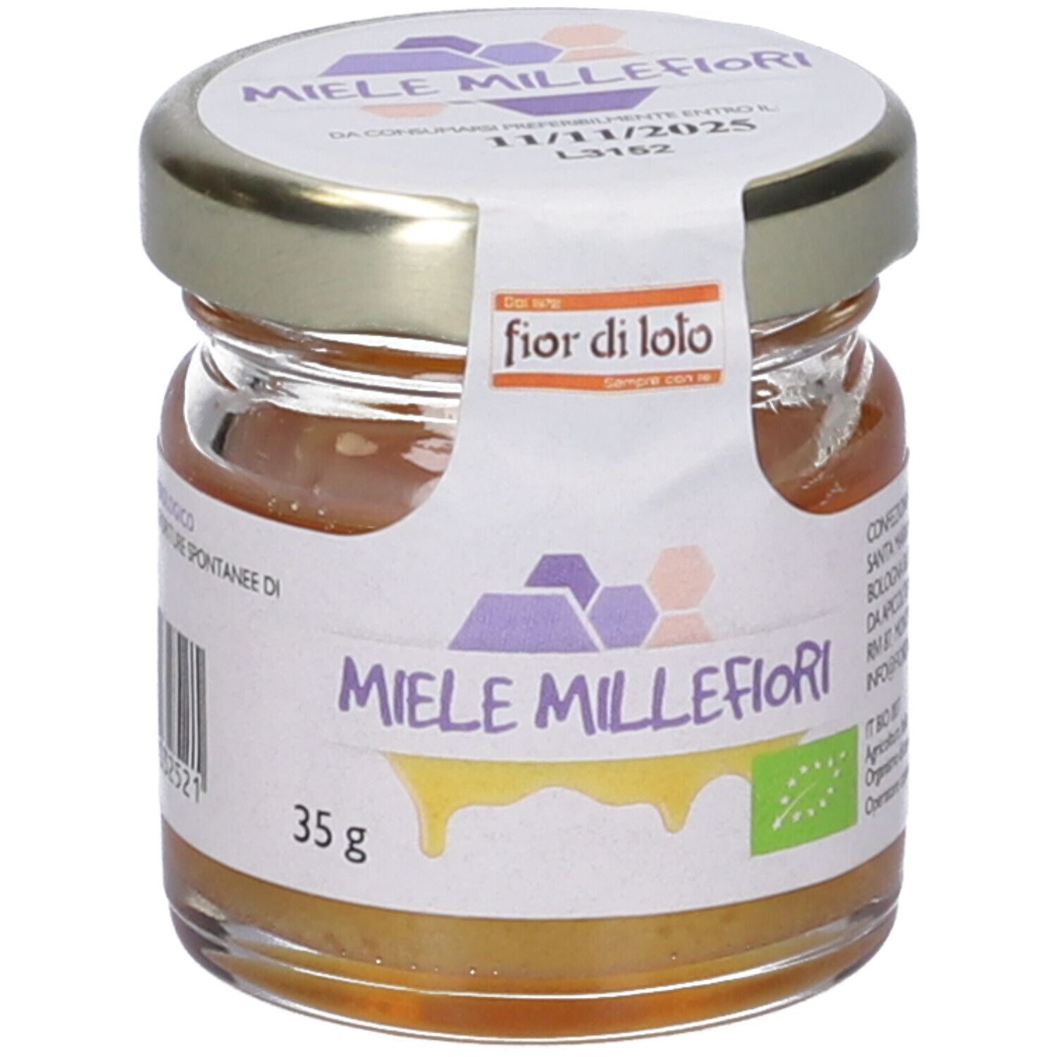 Vasetto di miele. Etichetta con 'fior di loto' e 'Miele Millefiori'. Sigillo biologico. 35g.