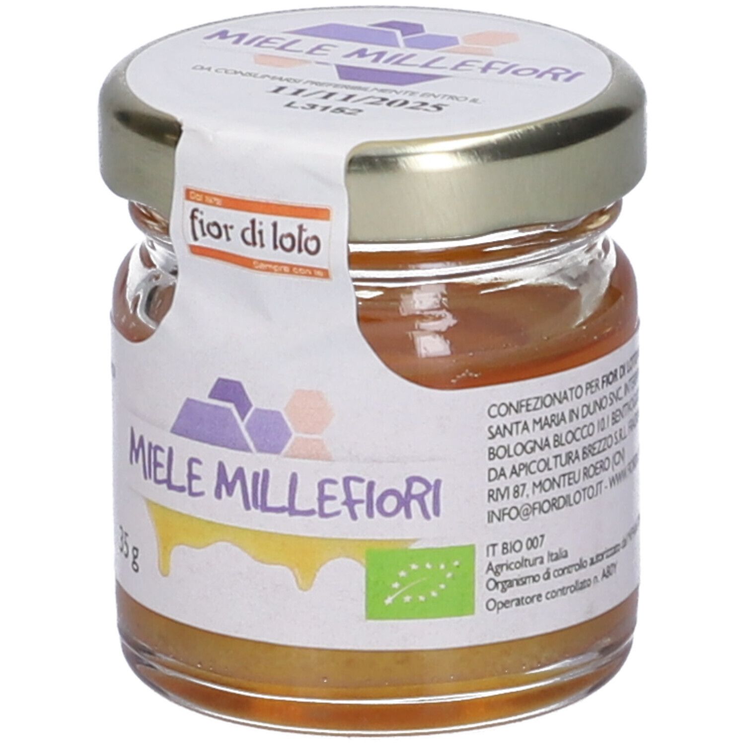 Vasetto di miele. Etichetta con 'fior di loto' e 'Miele Millefiori'. Sigillo biologico. 35g. Indirizzi.