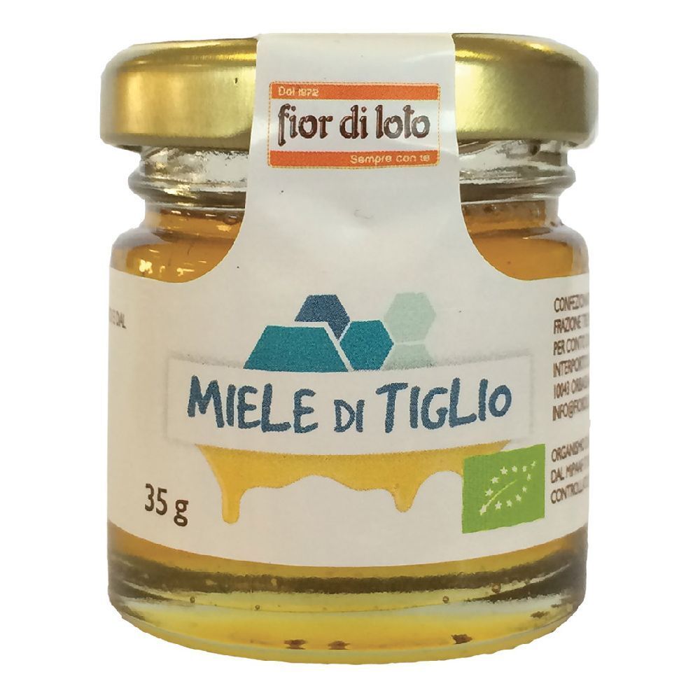 Vasetto di miele. Etichetta "fior di loto" e "Miele di Tiglio". Sigillo biologico. 35g.