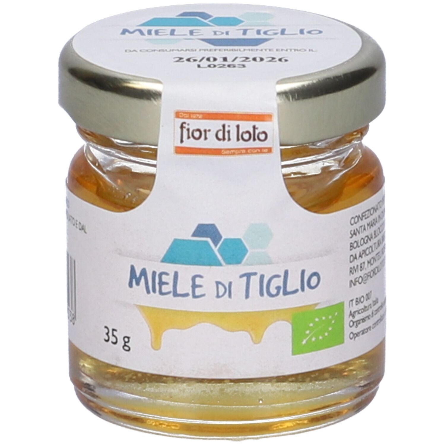 Vasetto di miele con etichetta. "fior di loto" e "Miele di Tiglio". Scadenza 26/01/2026. 35g.