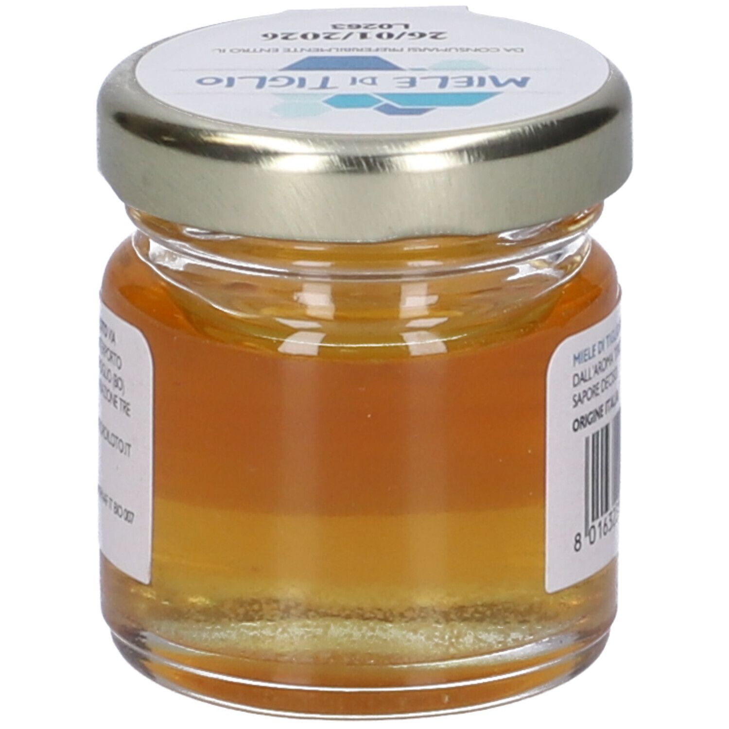 Vasetto di miele. Vista posteriore. Etichetta con codice a barre e "Miele di Tiglio". 35g. Origine Italia.