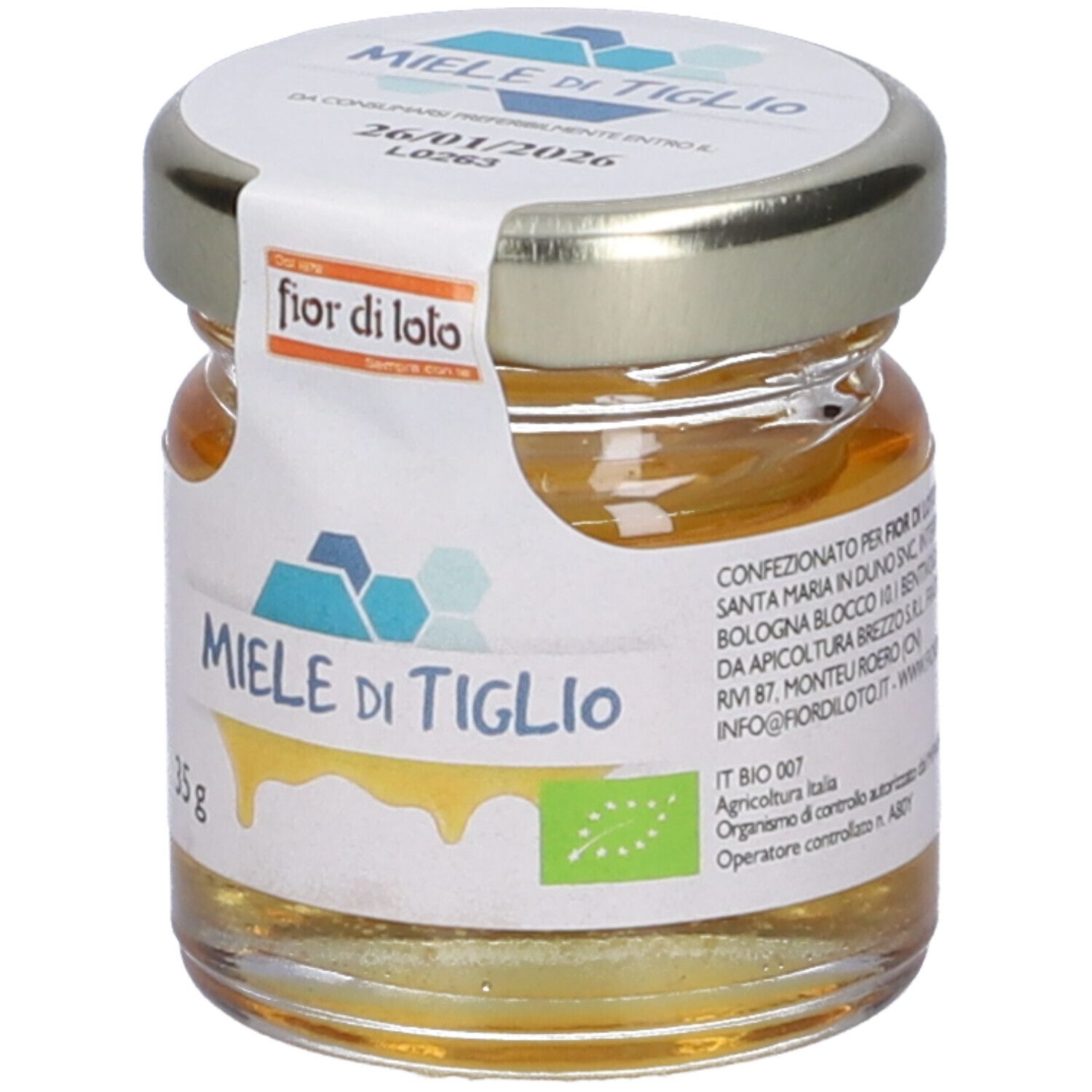 Vasetto di miele con etichetta. "fior di loto" e "Miele di Tiglio". Sigillo biologico. 35g.