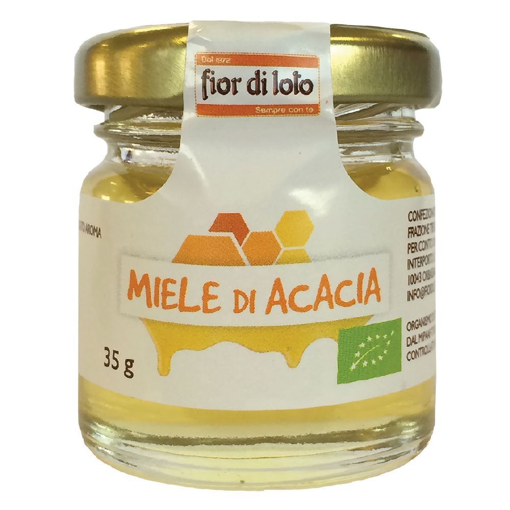 Vasetto di miele con etichetta 'Miele di Acacia' e logo. Certificazione biologica. Coperchio con scritta 'fior di loto'.