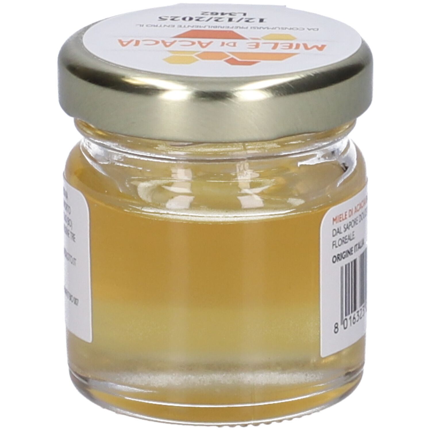 Vasetto di miele con etichetta 'Miele di Acacia'. Certificazione biologica. Data di scadenza sul coperchio. Scritta 'fior di loto'.