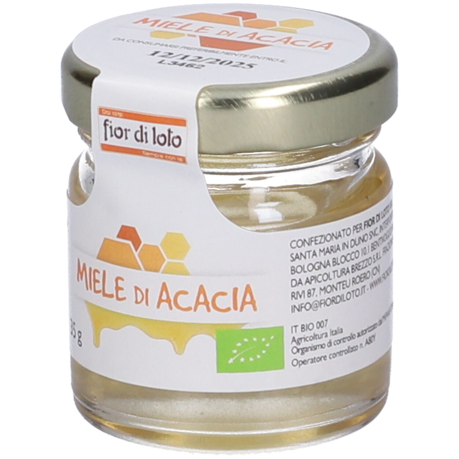 Vasetto di miele con etichetta 'Miele di Acacia'. Certificazione biologica. Data di scadenza sul coperchio. Scritta 'fior di loto'.