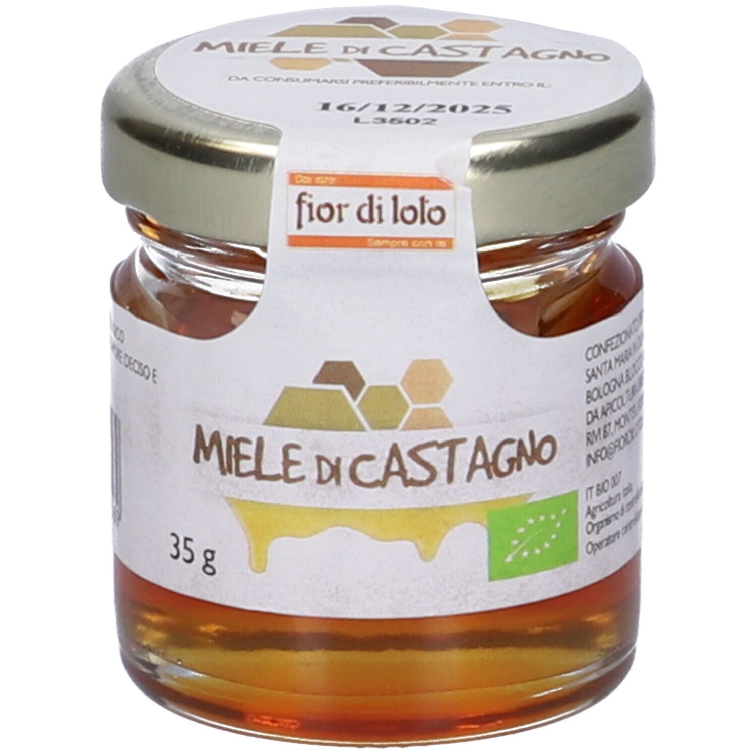 Vasetto di miele con etichetta 'Miele di Castagno'. Coperchio argentato. Scadenza 16/12/2025.