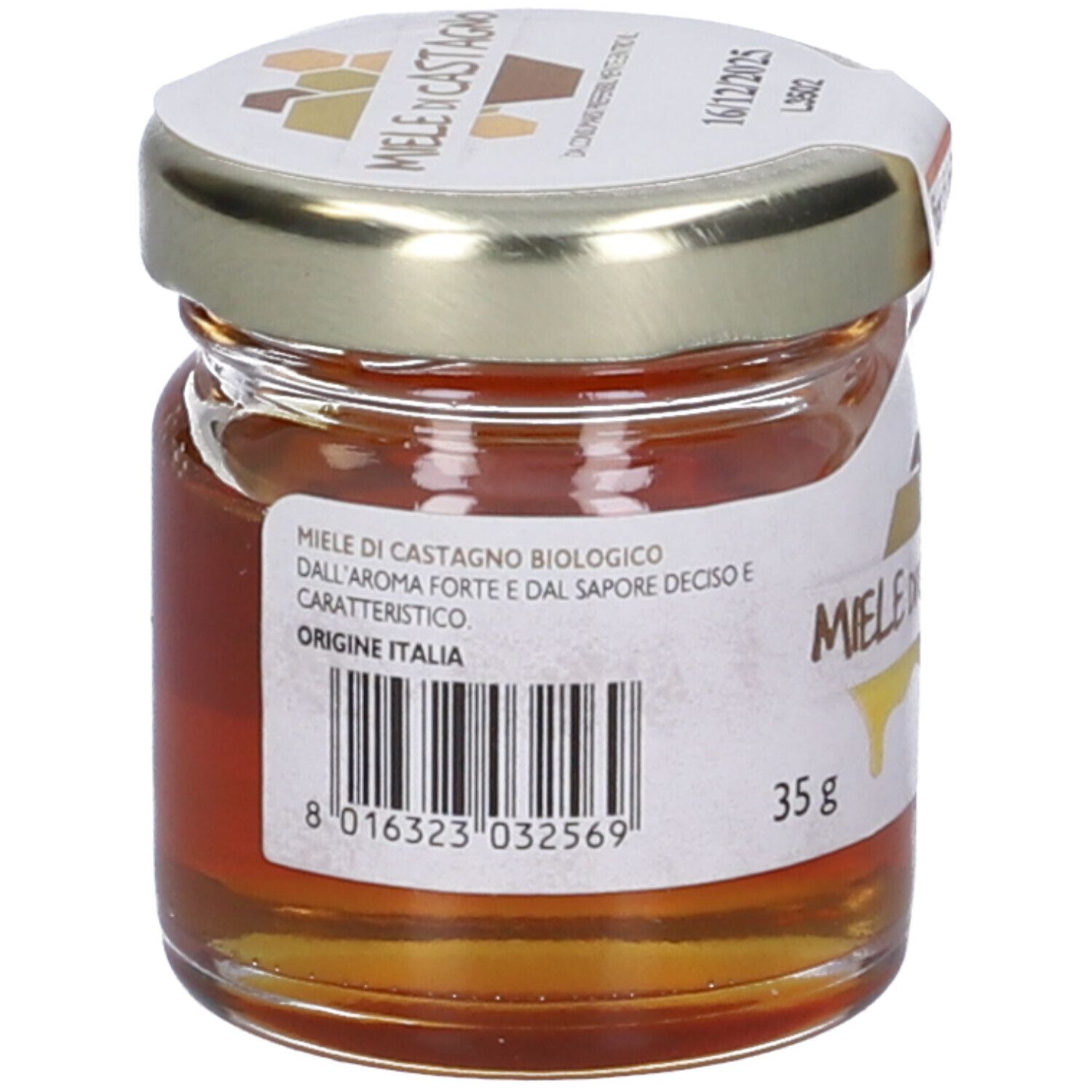 Vasetto di miele con etichetta 'Miele di Castagno'. Codice a barre e testo. Origine Italia. 35g.