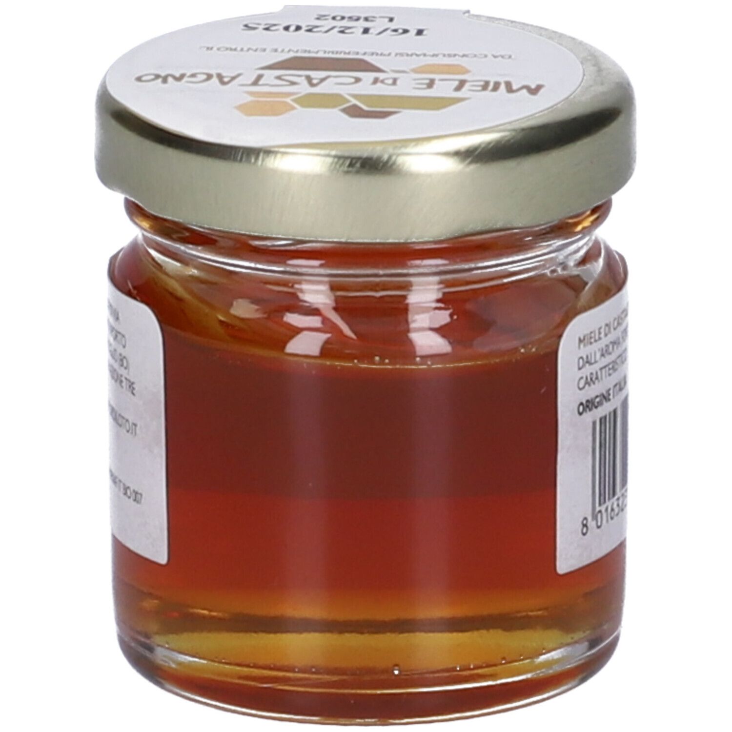 Vasetto di miele con etichetta 'Miele di Castagno'. Coperchio argentato. Scadenza 16/12/2025.