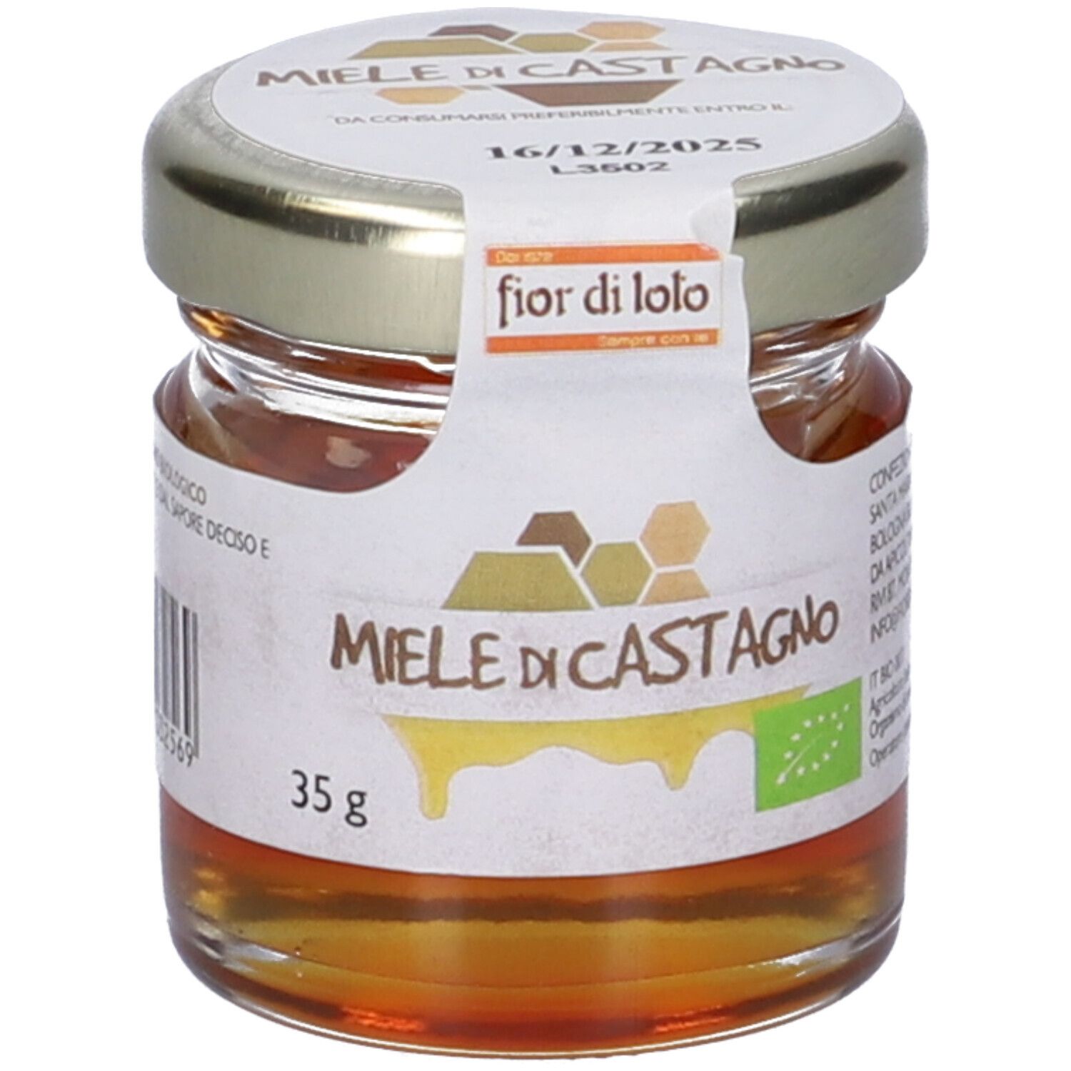 Vasetto di miele con etichetta 'Miele di Castagno' e 'fior di loto'. Scadenza 16/12/2025. 35g.