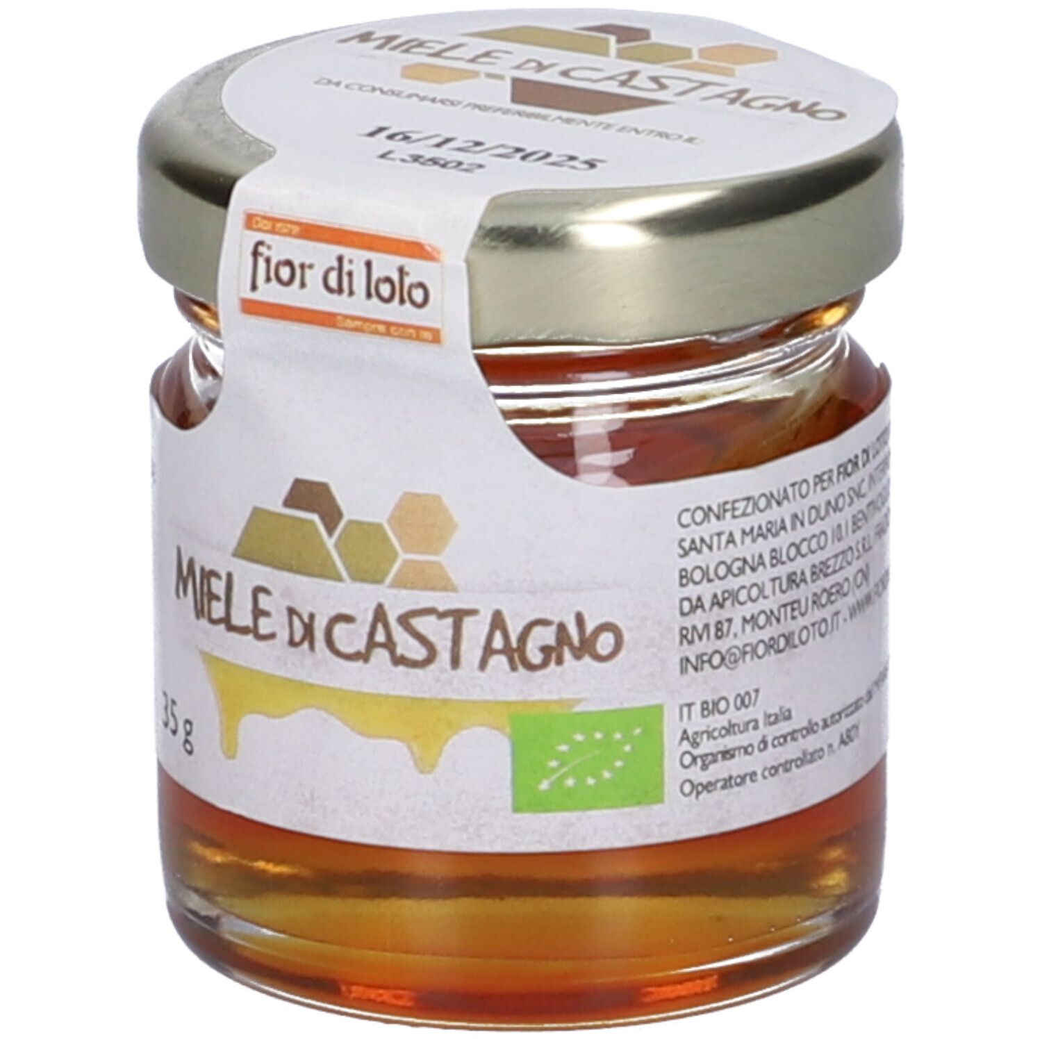Vasetto di miele con etichetta 'Miele di Castagno' e 'fior di loto'. Scadenza 16/12/2025. 35g.