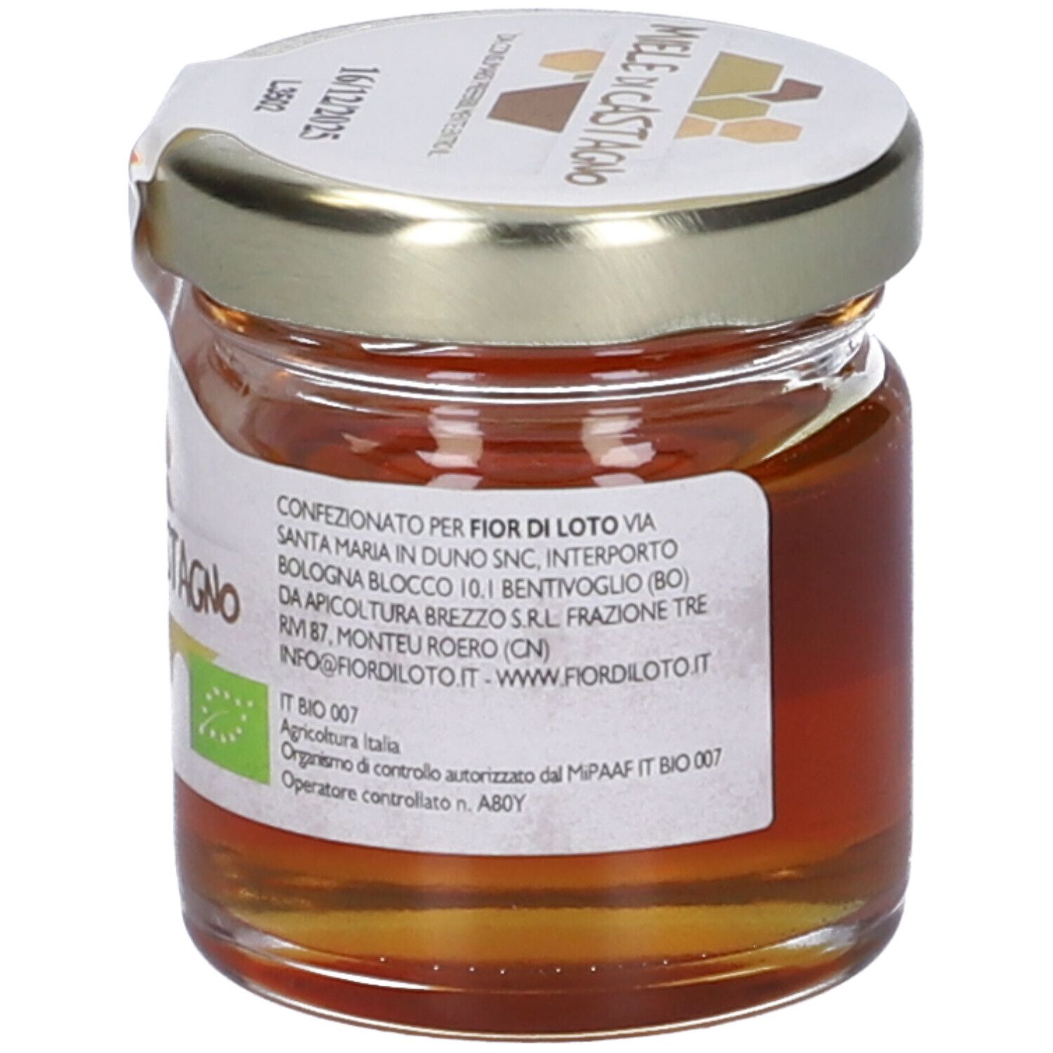 Vasetto di miele con etichetta 'Miele di Castagno' e 'fior di loto'. Testo e logo bio. 35g.