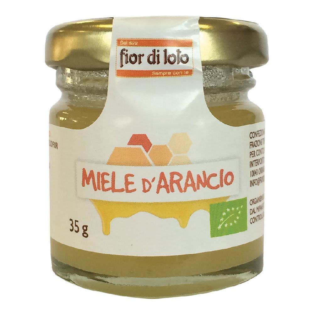 Vasetto di miele. Etichetta con 'Miele d'Arancio' e '35 g'. Sigillo bio. Coperchio dorato.