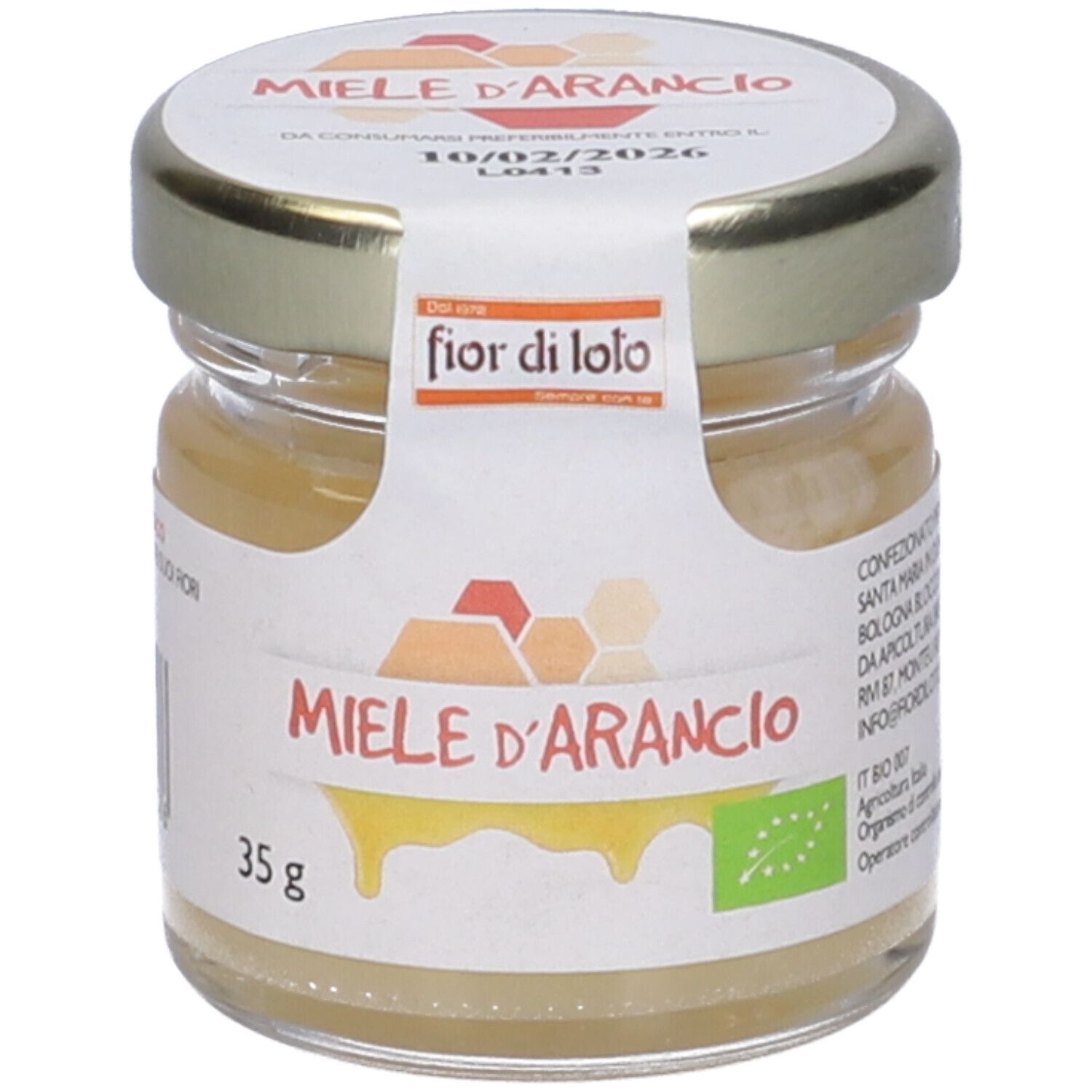 Vasetto di miele con coperchio dorato. Etichetta 'Miele d'Arancio' e '35 g'. Sigillo bio. Scadenza.