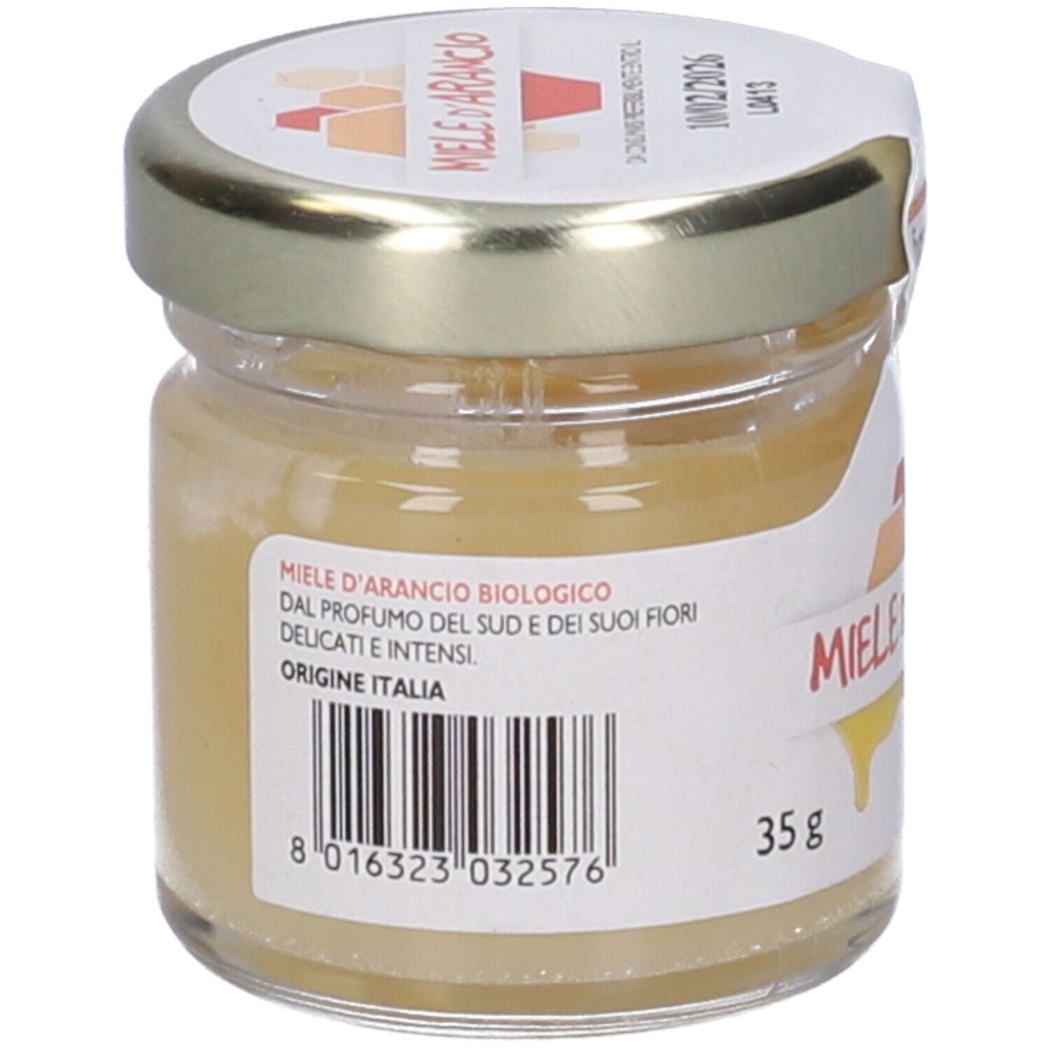 Vasetto di miele con coperchio dorato. Etichetta 'Miele d'Arancio'. Codice a barre e '35 g'. Sigillo bio.