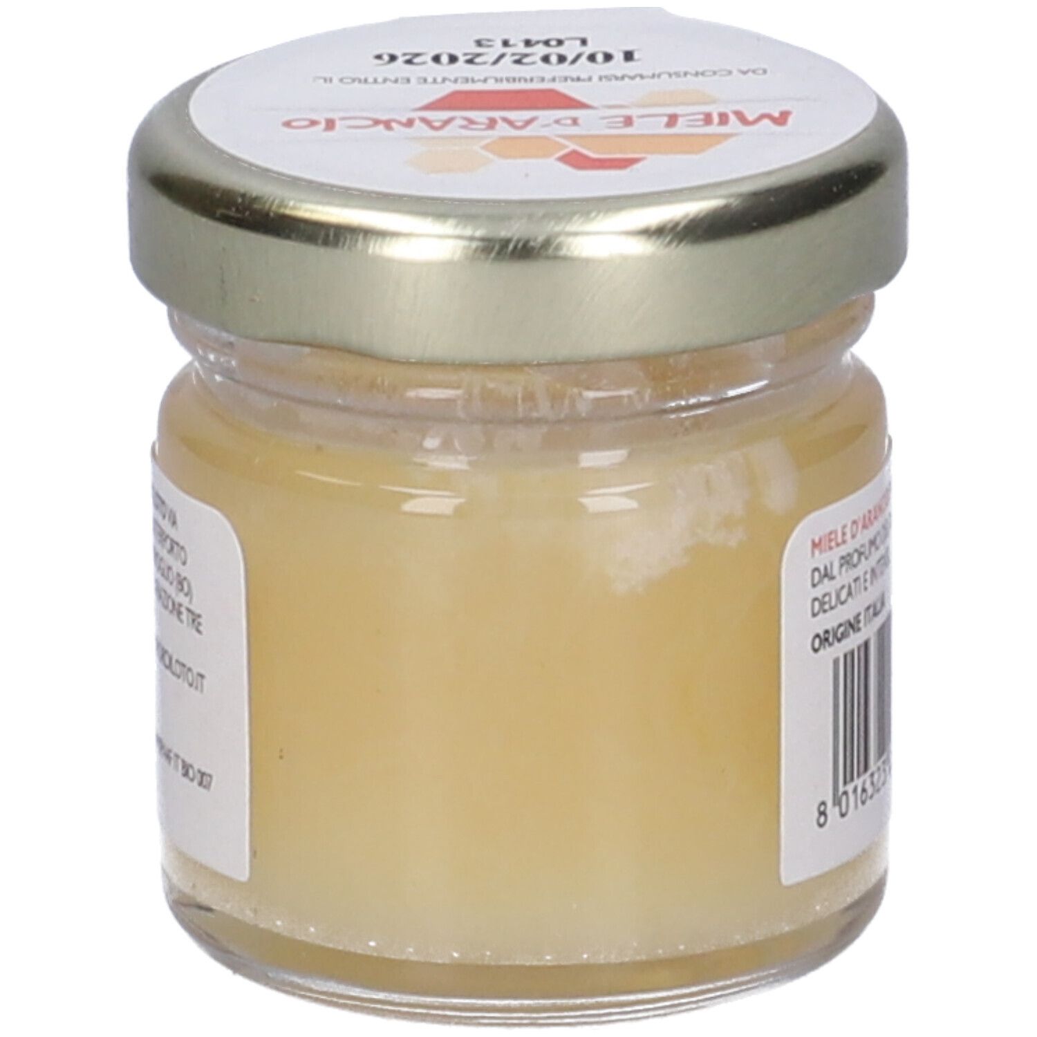 Vasetto di miele con coperchio dorato. Etichetta 'Miele d'Arancio'. Sigillo bio. Scadenza.