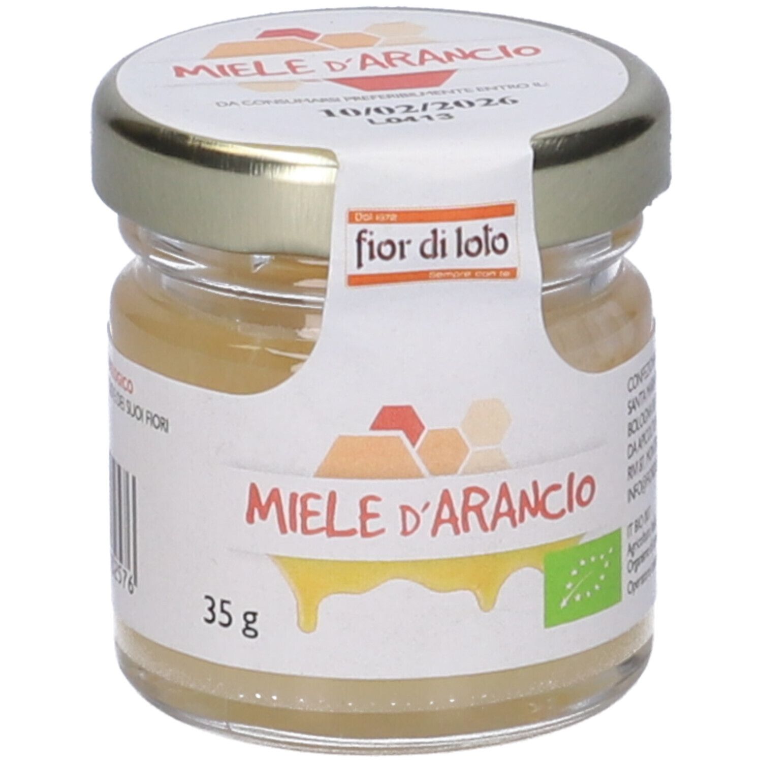 Vasetto di miele con coperchio dorato. Etichetta 'Miele d'Arancio' e '35 g'. Sigillo bio. Scadenza.