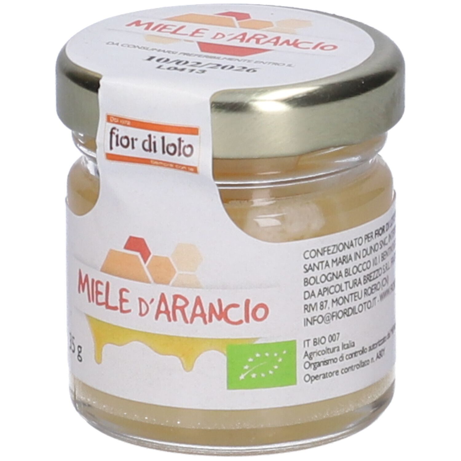 Vasetto di miele con coperchio dorato. Etichetta 'Miele d'Arancio' e '35 g'. Sigillo bio. Informazioni.