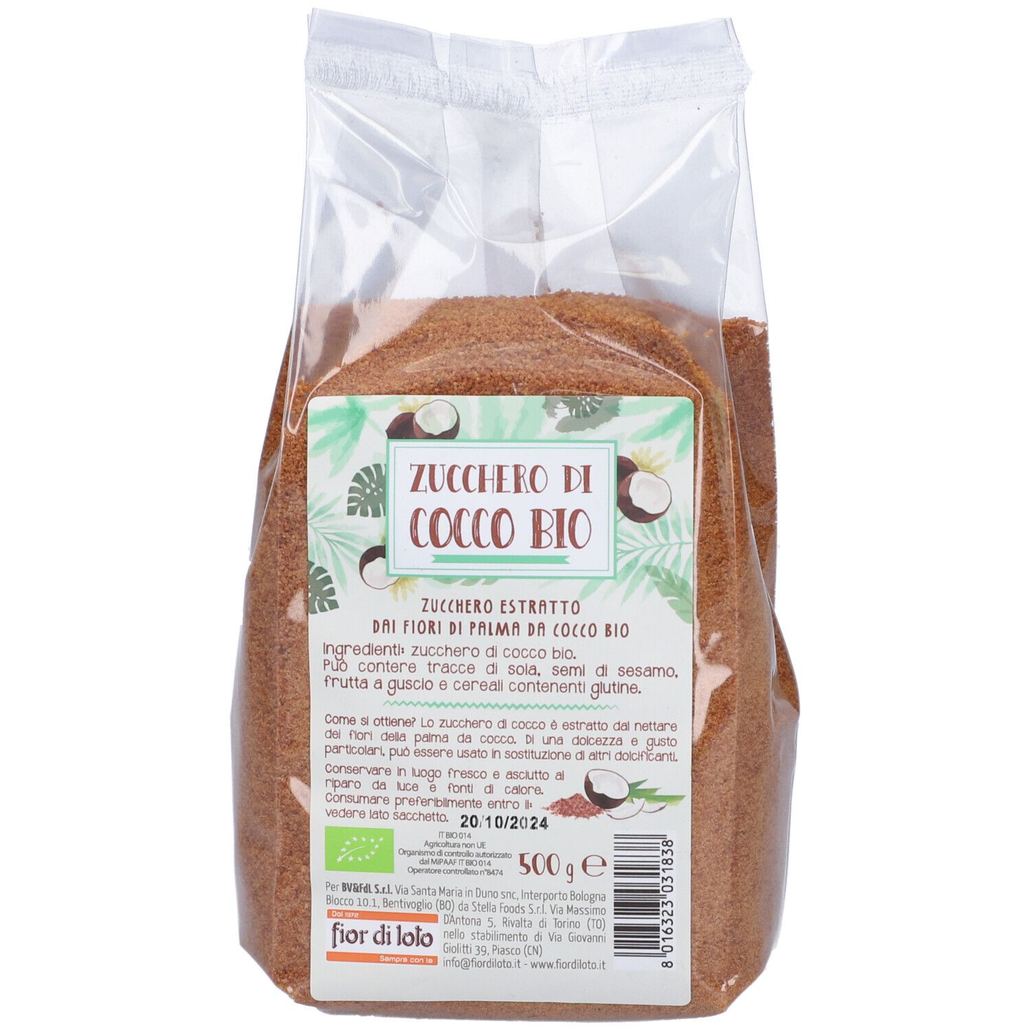 Confezione trasparente con zucchero marrone. Scritta: Zucchero di Cocco Bio, logo Fior di Loto, 500g, marchio bio. Testo in italiano.