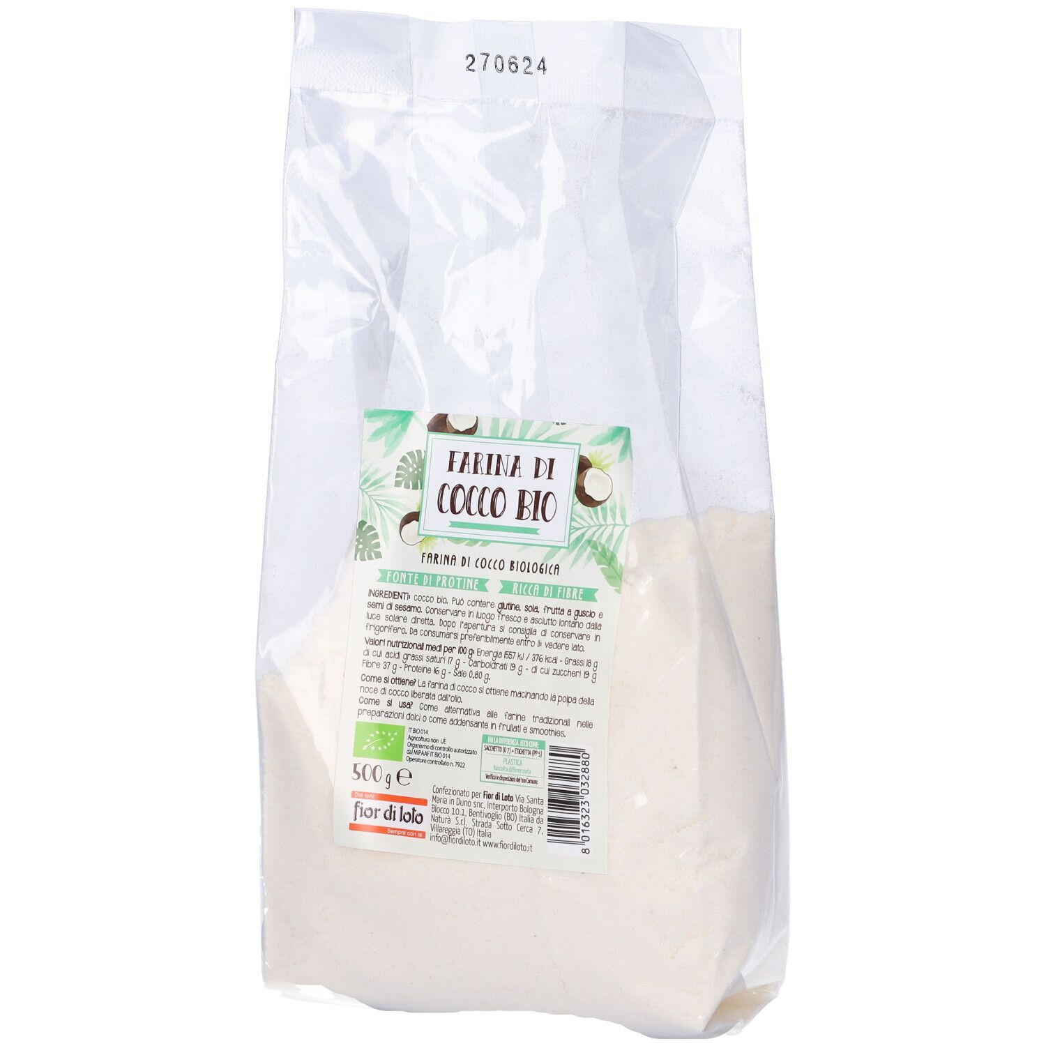 Sacchetto trasparente con polvere bianca. Etichetta: Farina di Cocco Bio, 500g, certificazione bio. Marchio: Fior di Loto. In alto: 270624.