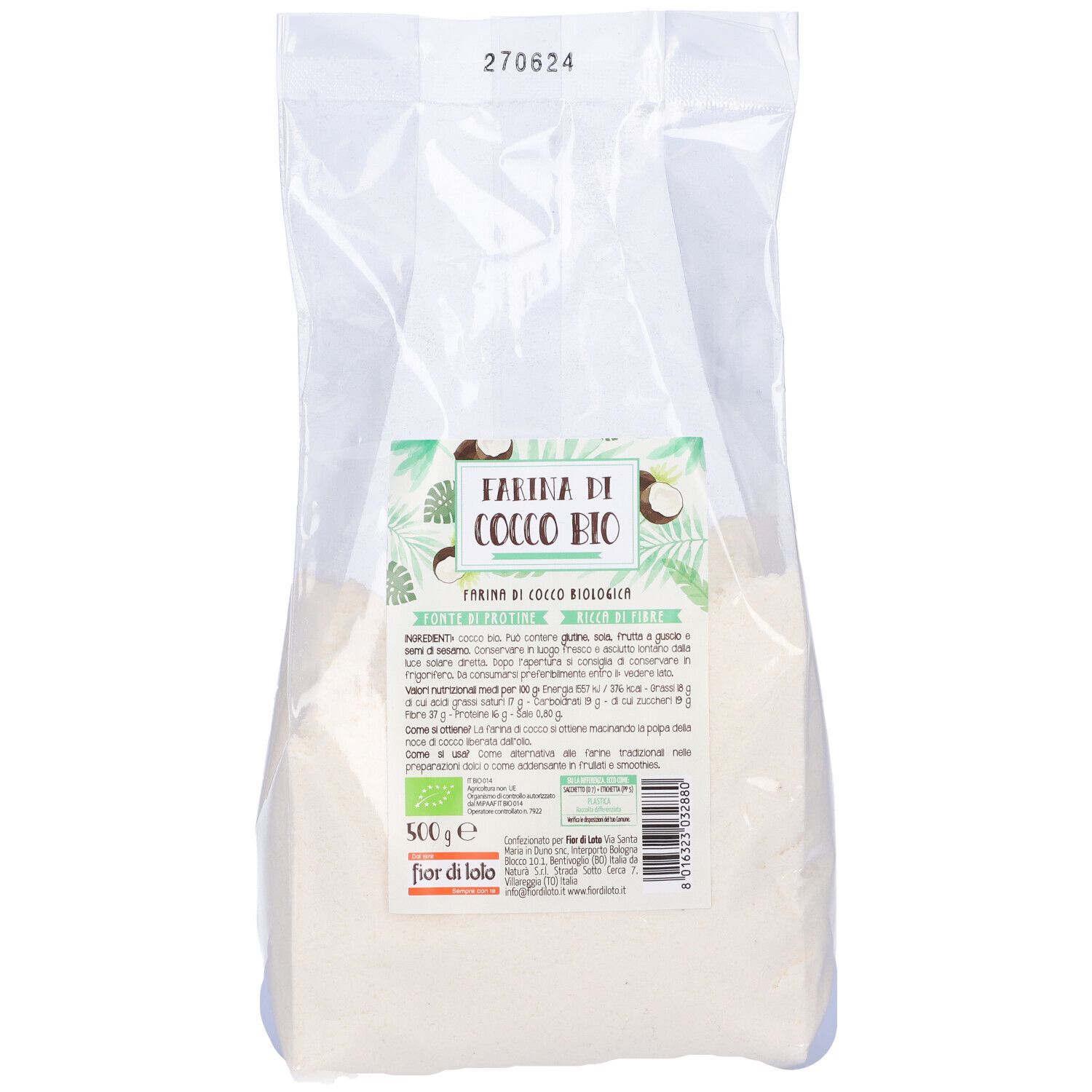 Sacchetto trasparente con polvere bianca. Etichetta: Farina di Cocco Bio, 500g, certificazione bio. Marchio: Fior di Loto.