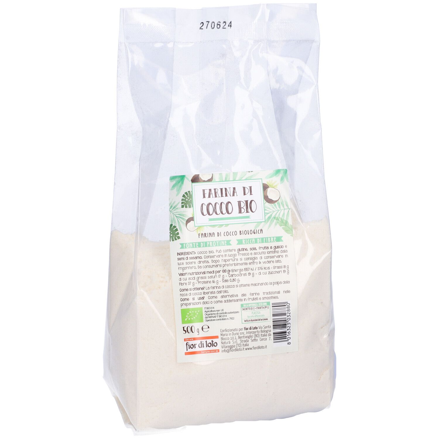 Sacchetto trasparente con polvere bianca. Etichetta: Farina di Cocco Bio, 500g, certificazione bio. Marchio: Fior di Loto. In alto: 270624.