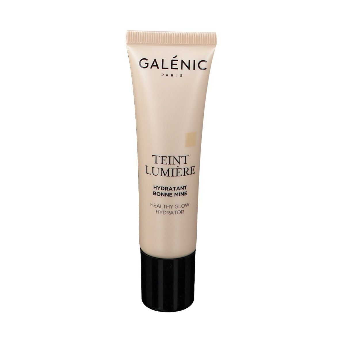 Tubo beige con tappo nero. Scritte: GALÉNIC, TEINT LUMIÈRE, HYDRATANT BONNE MINE, HEALTHY GLOW HYDRATOR.