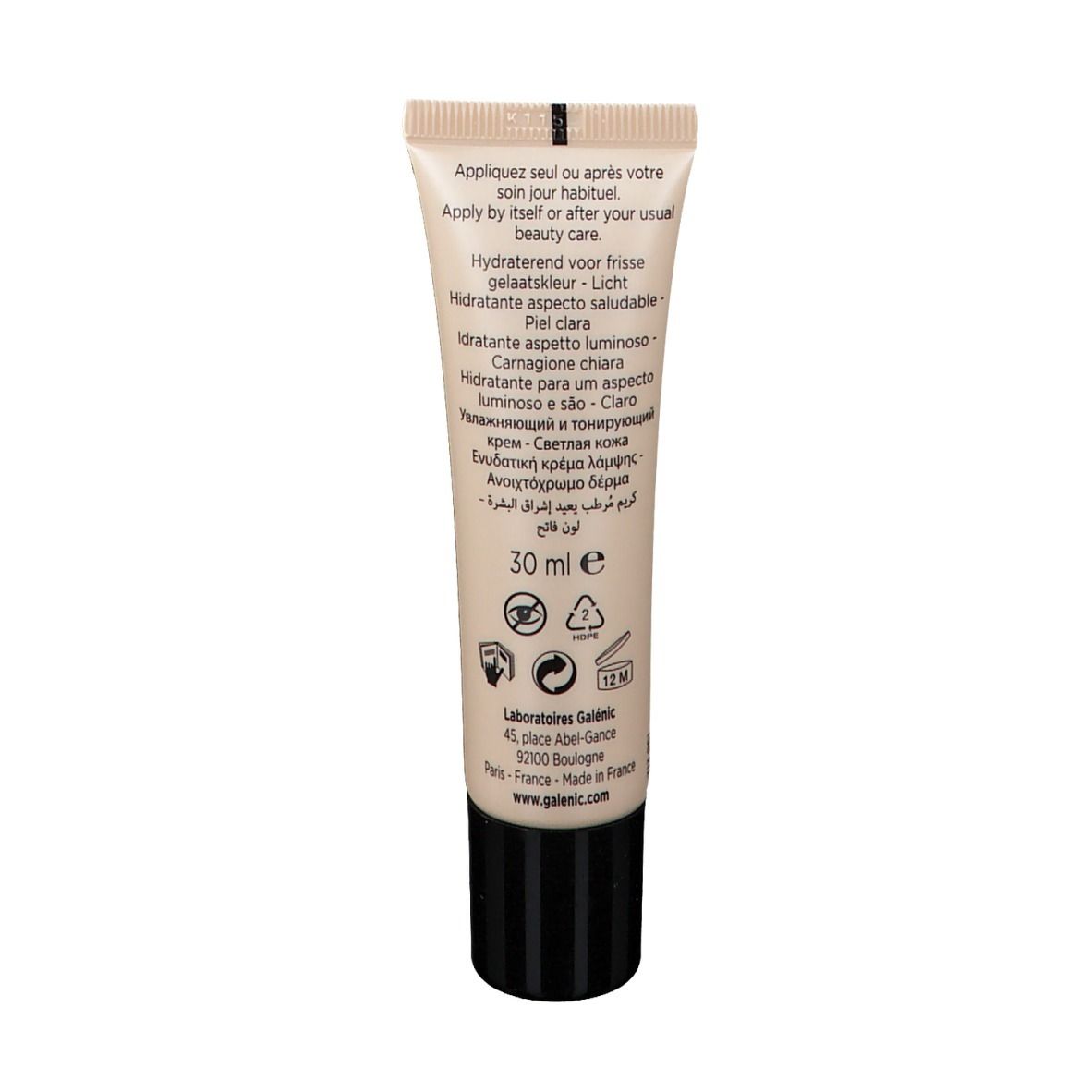 Retro del tubo. Testo multilingue. Volume: 30 ml. Loghi e informazioni del produttore.
