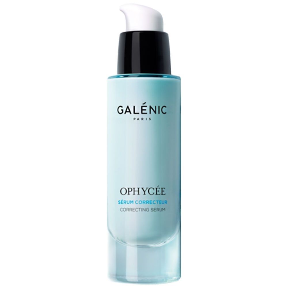 Sérum bleu clair avec pompe noire et blanche. Inscription: GALÉNIC PARIS, OPHYCÉE, Sérum Correcteur.