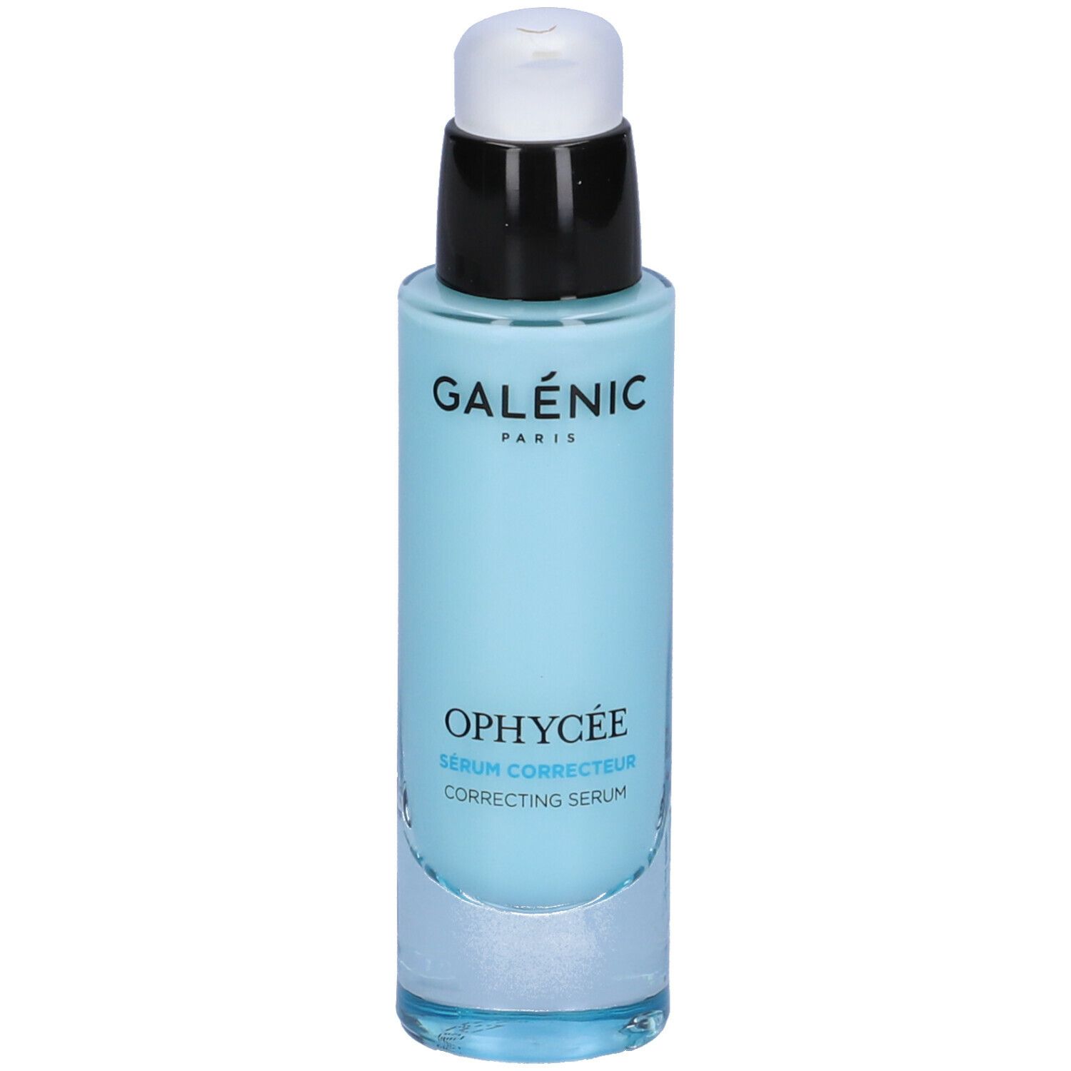 Sérum bleu clair avec pompe noire et blanche. Inscription: GALÉNIC PARIS, OPHYCÉE, Sérum Correcteur.