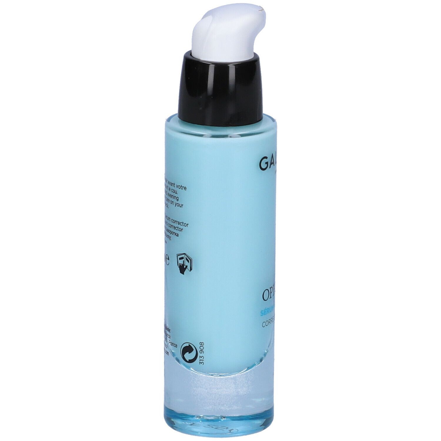 Sérum bleu clair avec pompe noire et blanche. Inscription: GALÉNIC PARIS, OPHYCÉE, Sérum Correcteur. Texte au dos.