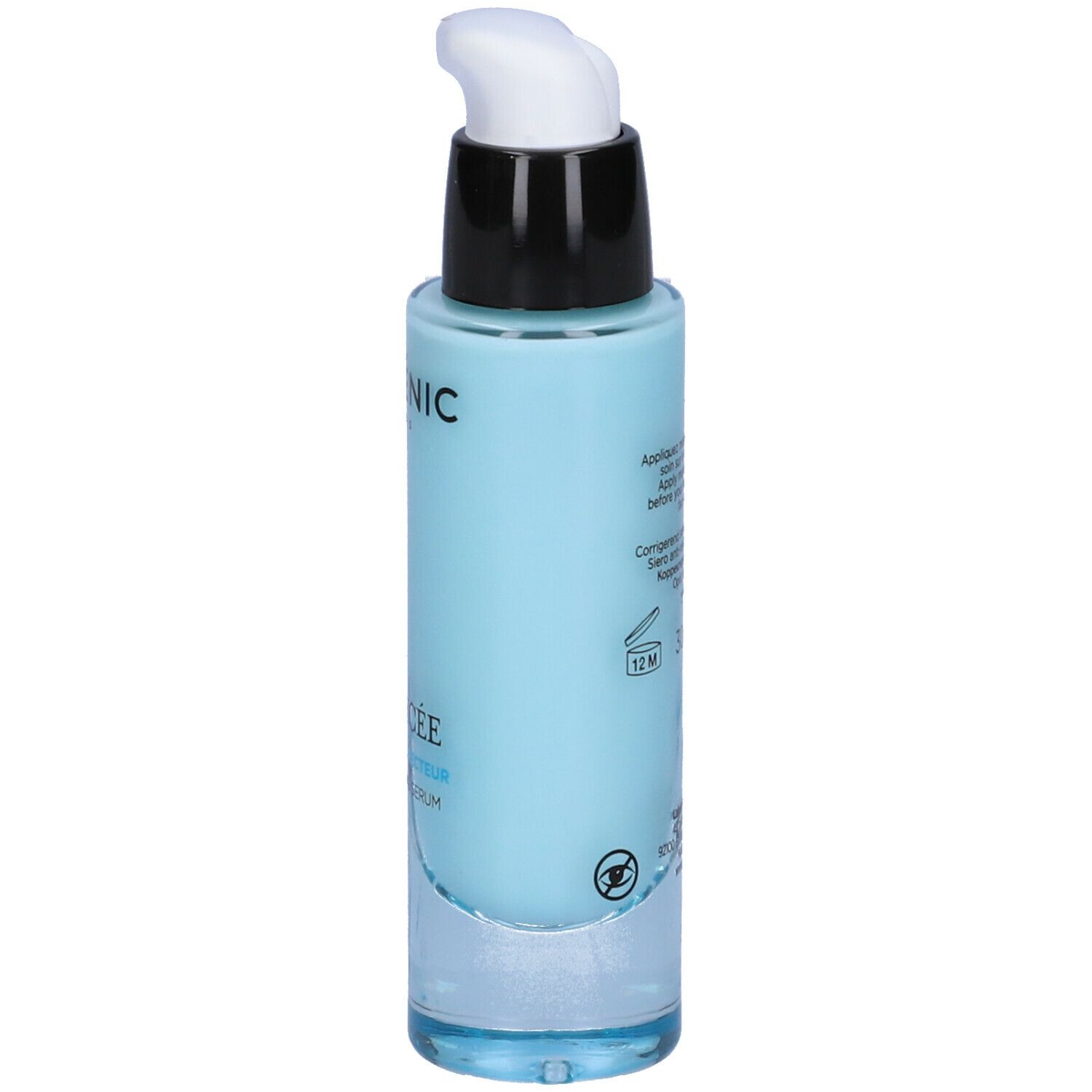 Sérum bleu clair avec pompe noire et blanche. Inscription: GALÉNIC PARIS, OPHYCÉE, Sérum Correcteur. Texte au dos.