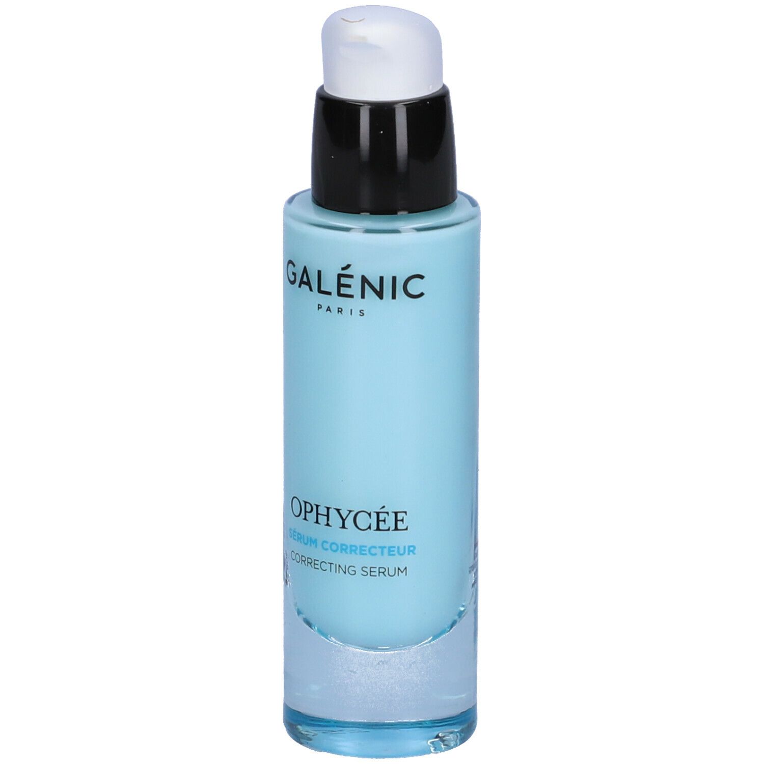 Sérum bleu clair avec pompe noire et blanche. Inscription: GALÉNIC PARIS, OPHYCÉE, Sérum Correcteur.